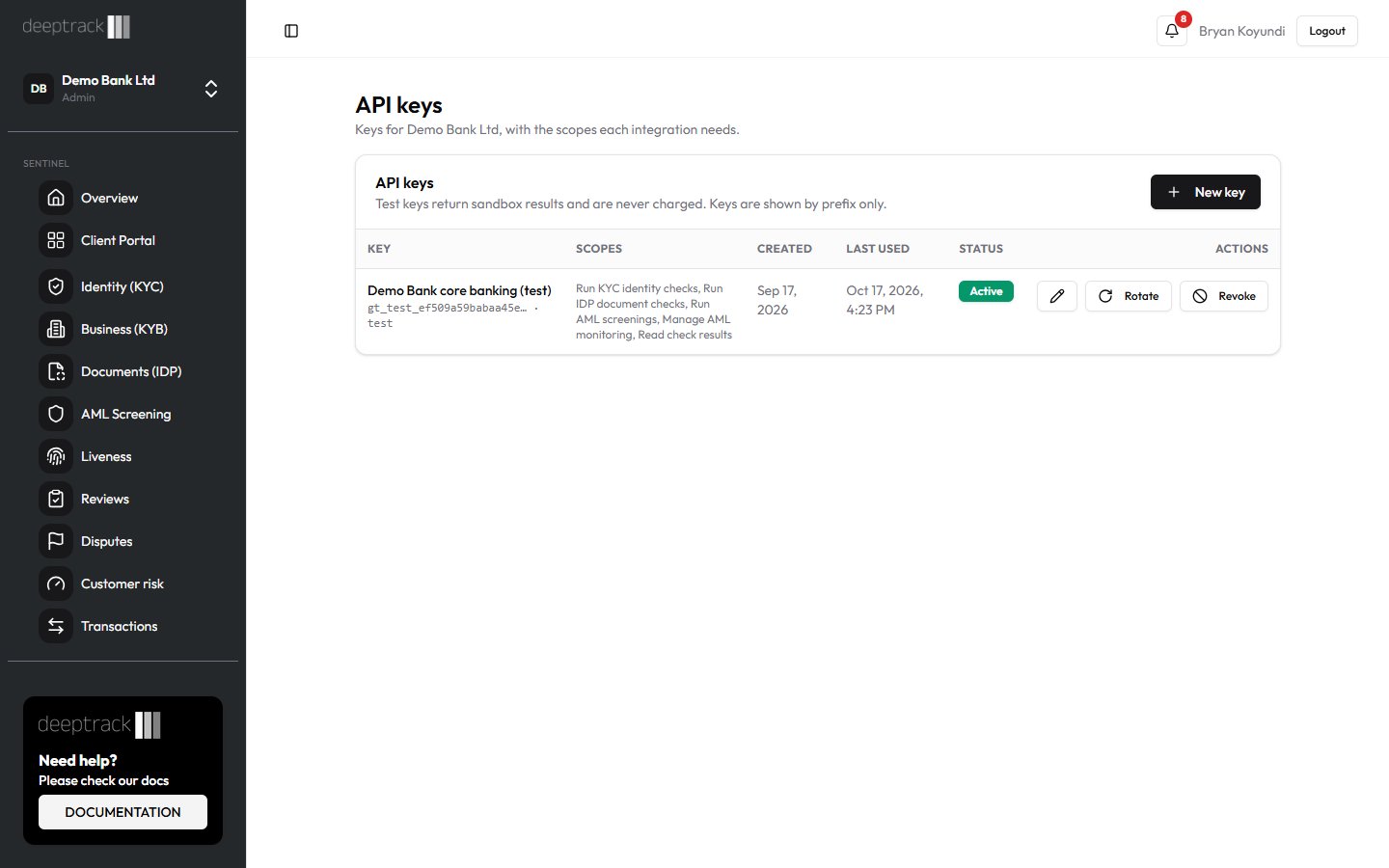 API Keys page with a key that has the Run IDP document checks scope