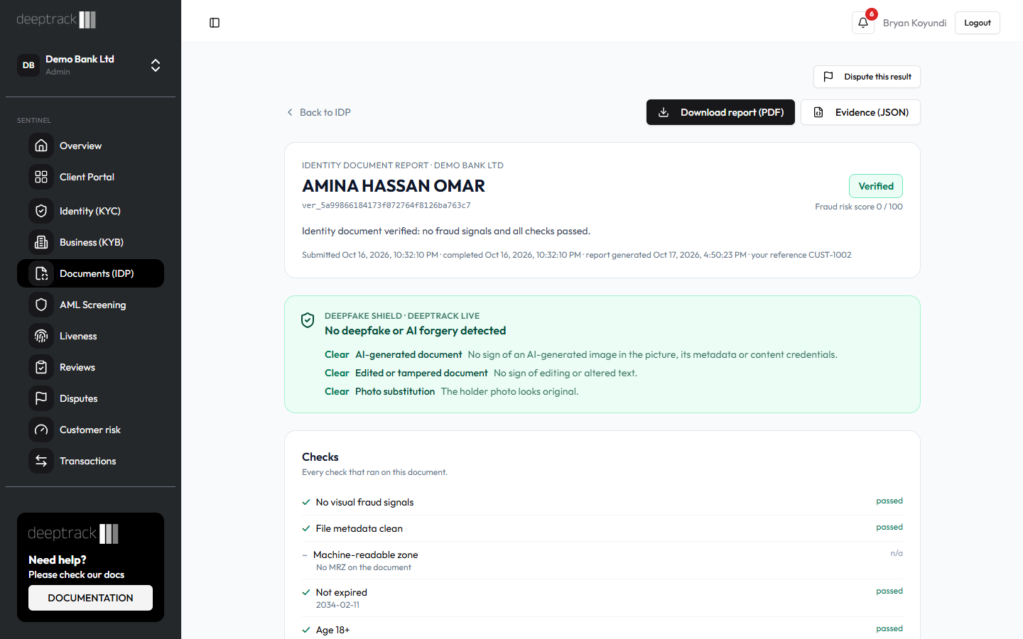 Document report for Amina Hassan Omar's Maisha card, opened from an API check