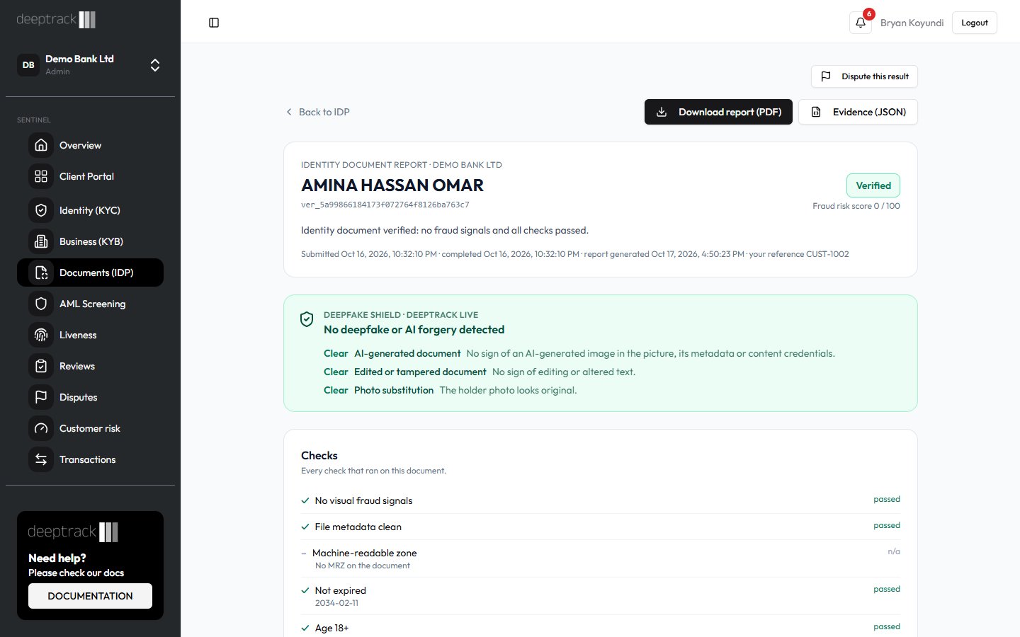 Document report for Amina Hassan Omar's Maisha card, opened from an API check