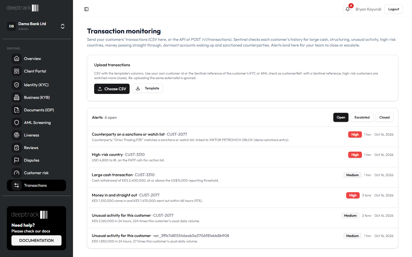 Transactions page with alerts raised from API transactions