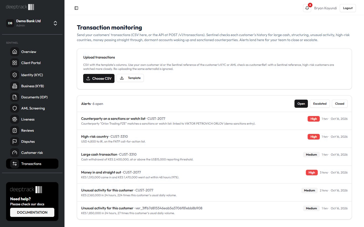 Transactions page with alerts raised from API transactions