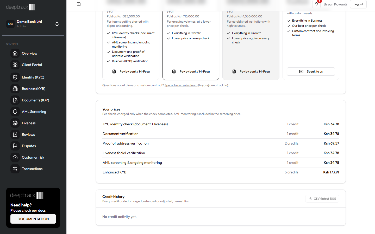 Billing & Credits page for Demo Bank Ltd with the credit ledger