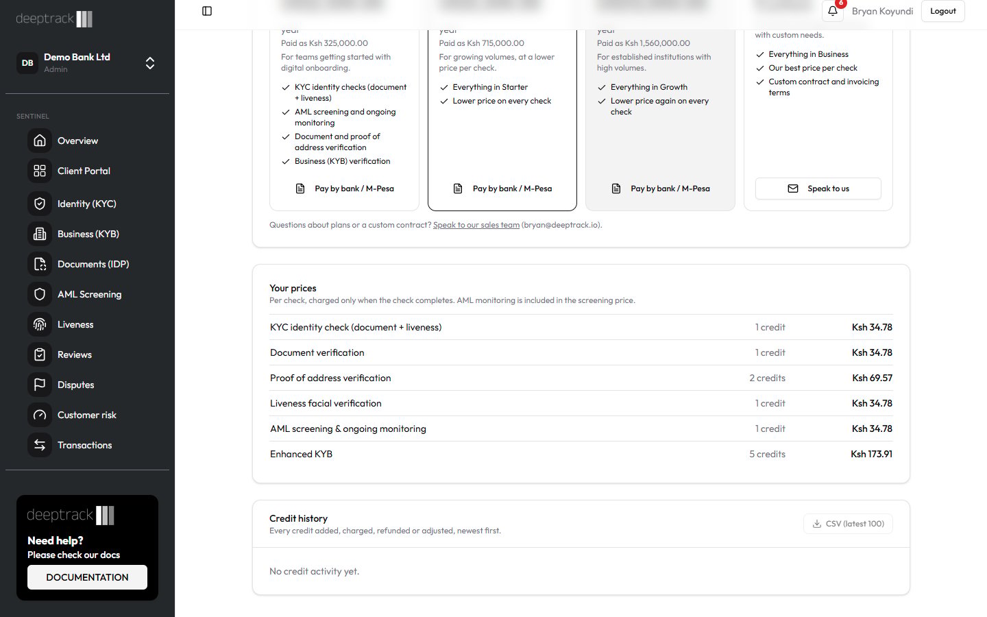 Billing & Credits page for Demo Bank Ltd with the credit ledger