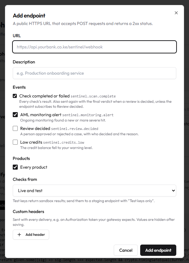 Add endpoint dialog with events, products and Checks from