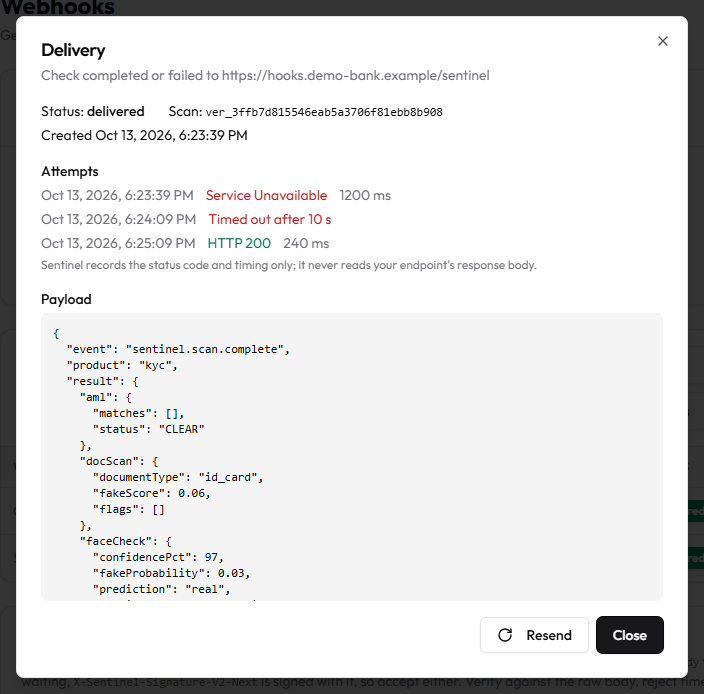 Delivery details with three attempts and the payload