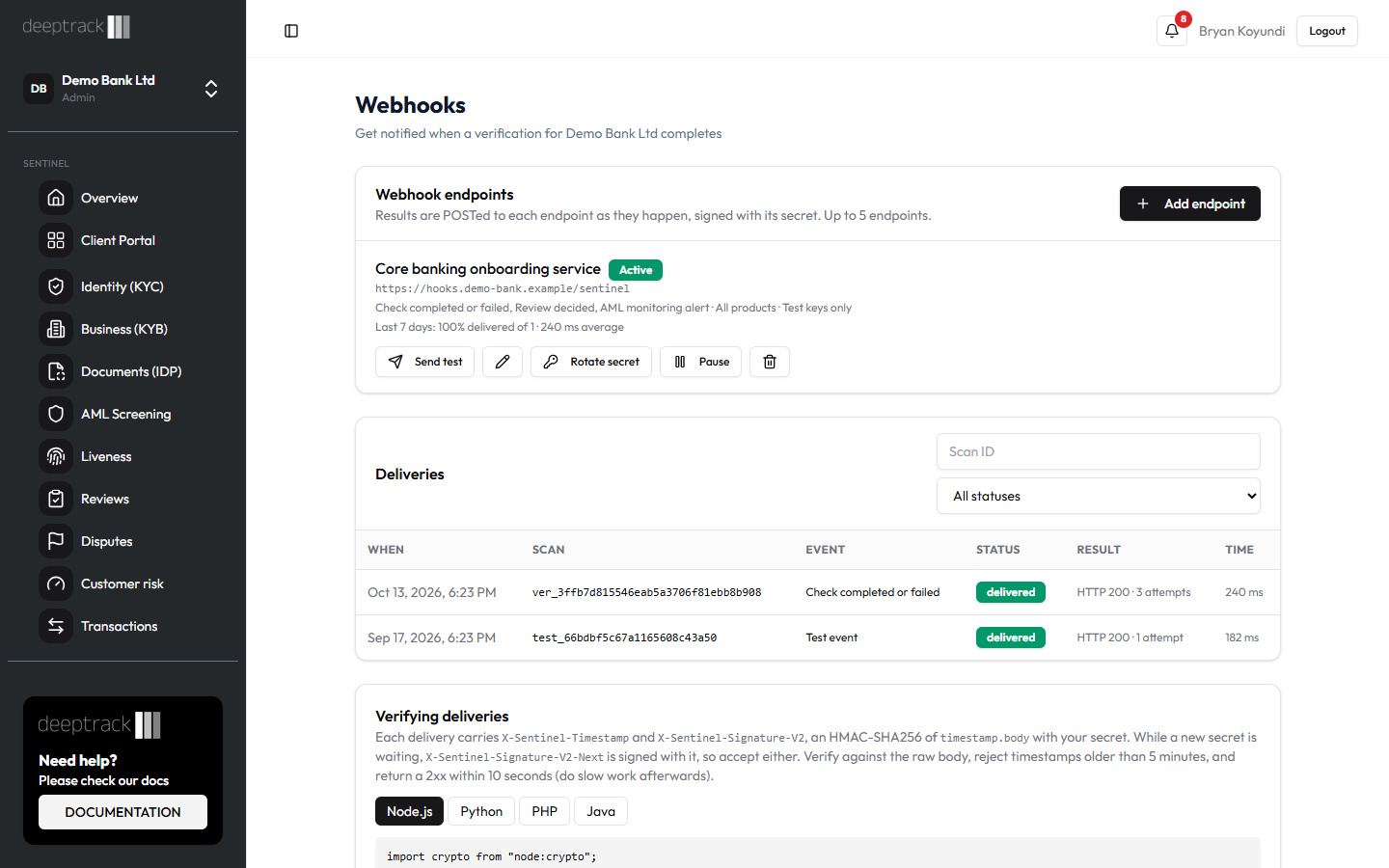 Webhook endpoints with an active endpoint and a delivered test event