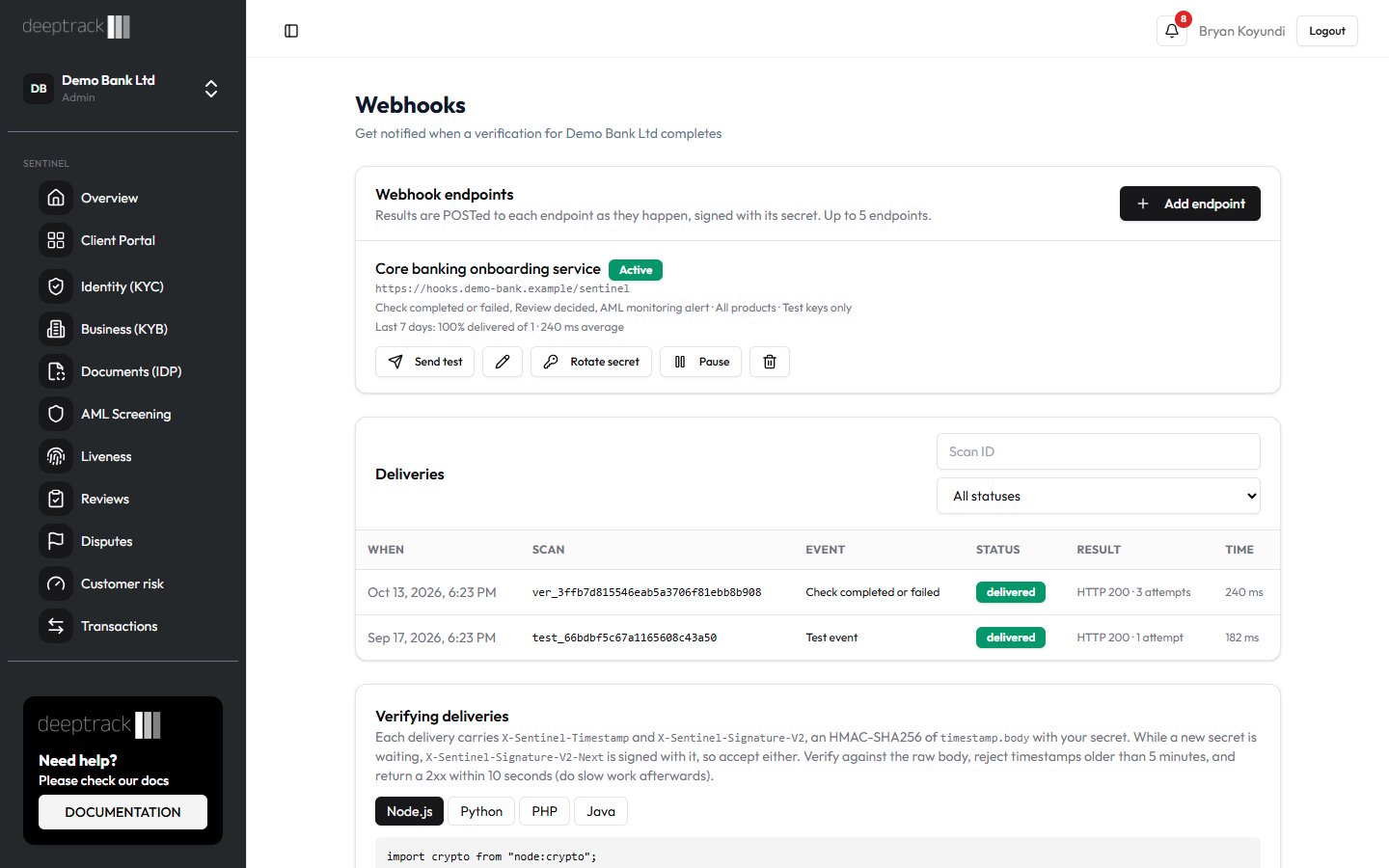 Webhook endpoints with an active endpoint and a delivered test event