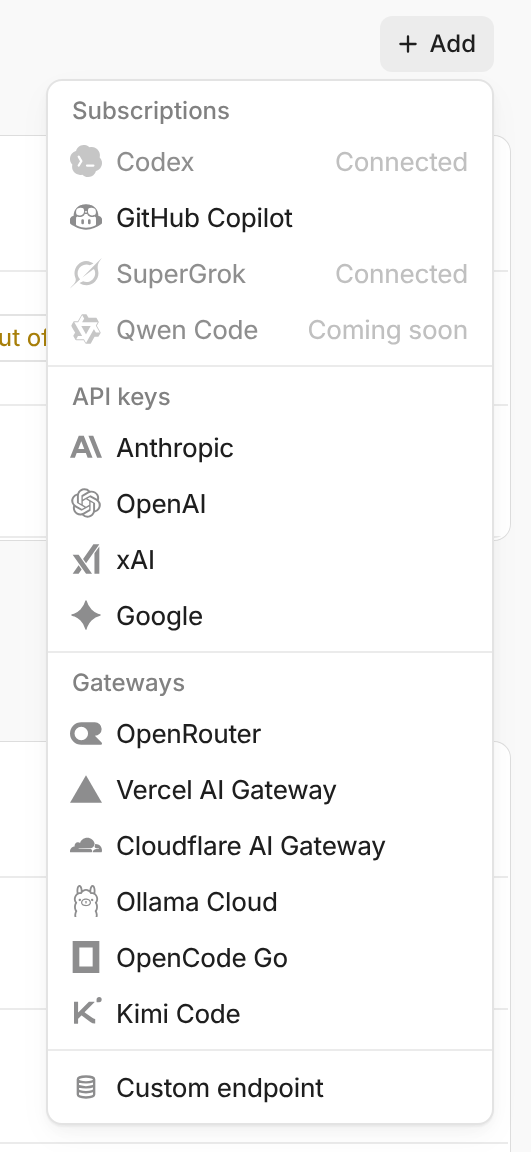 The Add menu listing Codex, GitHub Copilot, SuperGrok, Anthropic, OpenAI, xAI, Google, OpenRouter, Vercel AI Gateway, Cloudflare AI Gateway, Ollama Cloud, OpenCode Go, Kimi Code, and Custom endpoint