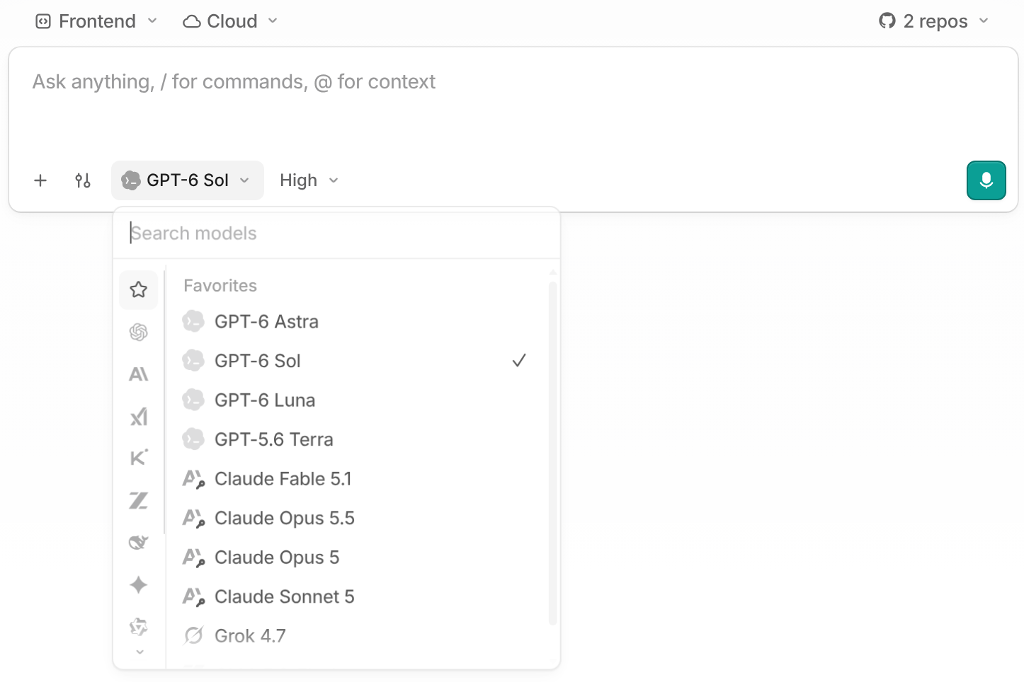 The model picker with the Codex mark on every GPT model and a small key on every Claude model