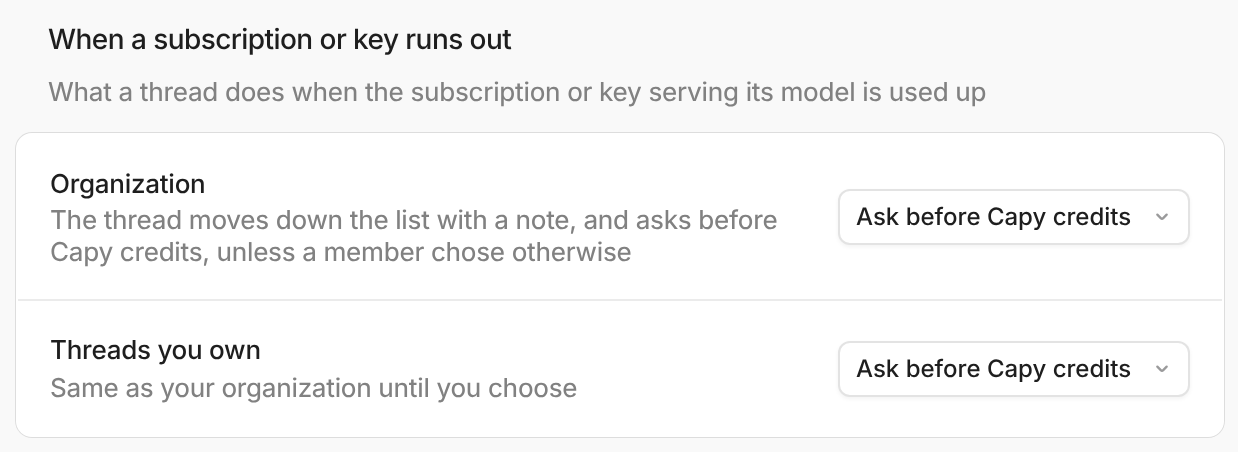 The When a subscription or key runs out rows with Ask before Capy credits selected for the organization and for threads you own