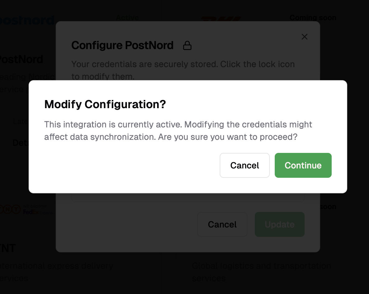 Interface for modifying existing integration settings