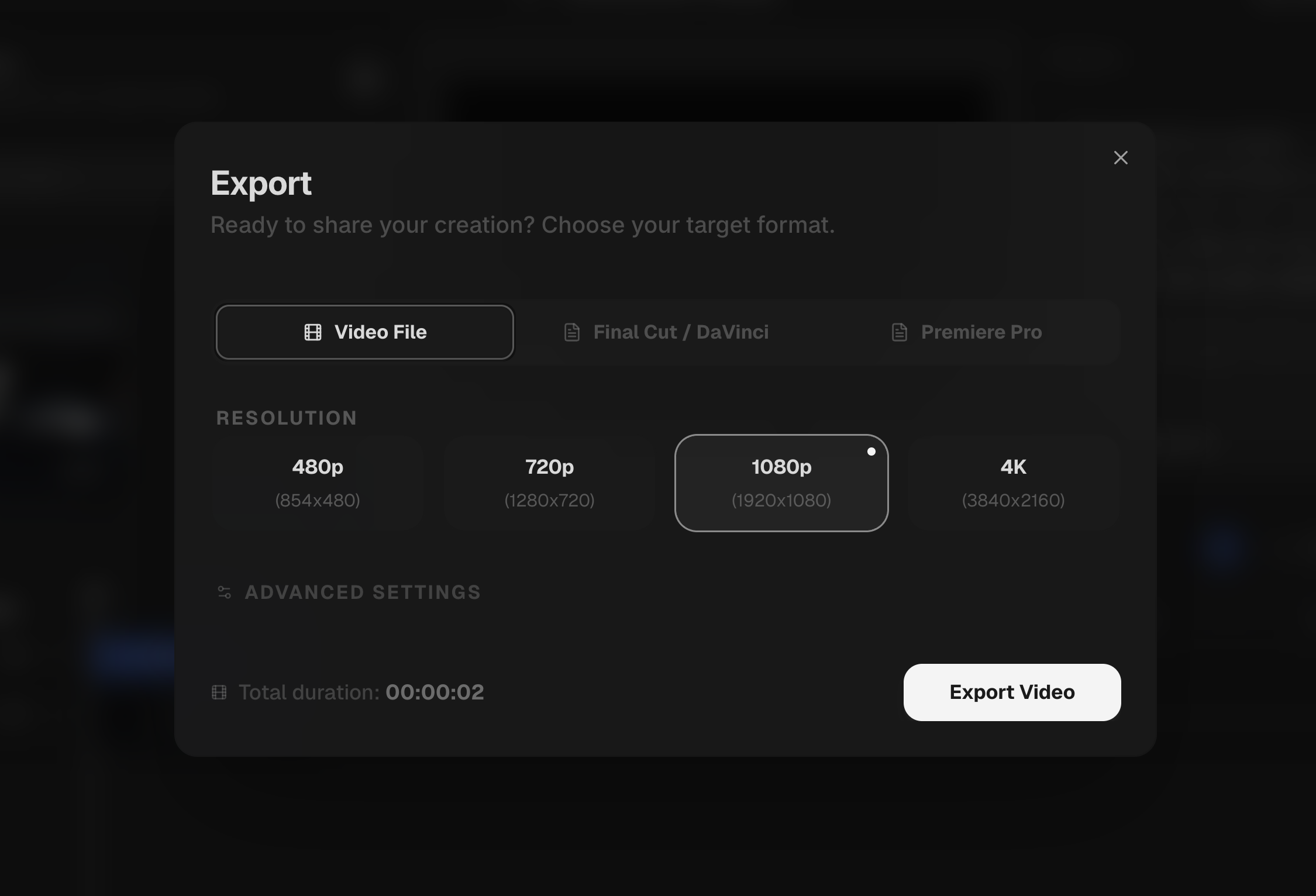 Export dialog with resolution options