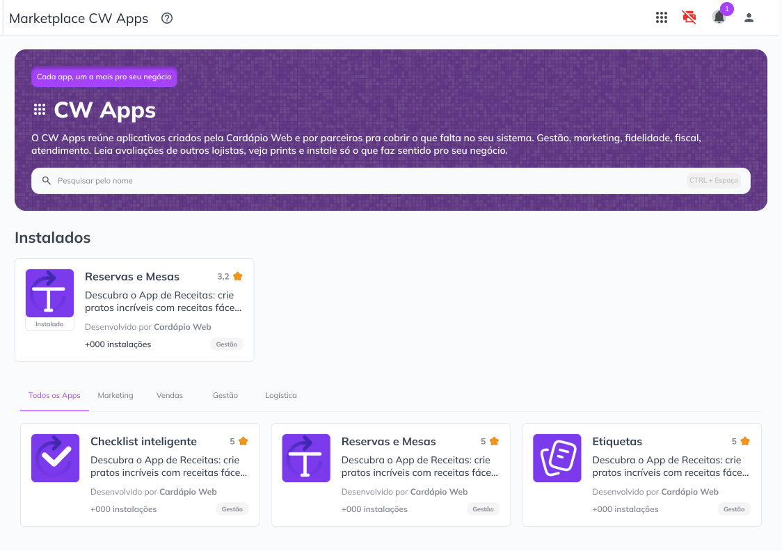 Marketplace CW Apps no portal da Cardápio Web