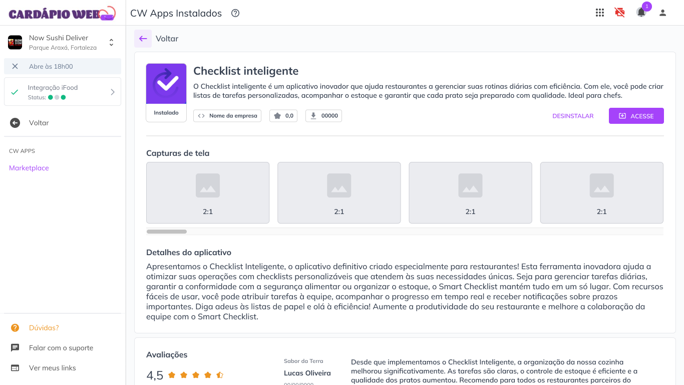 Página de detalhes de um app no marketplace da Cardápio Web