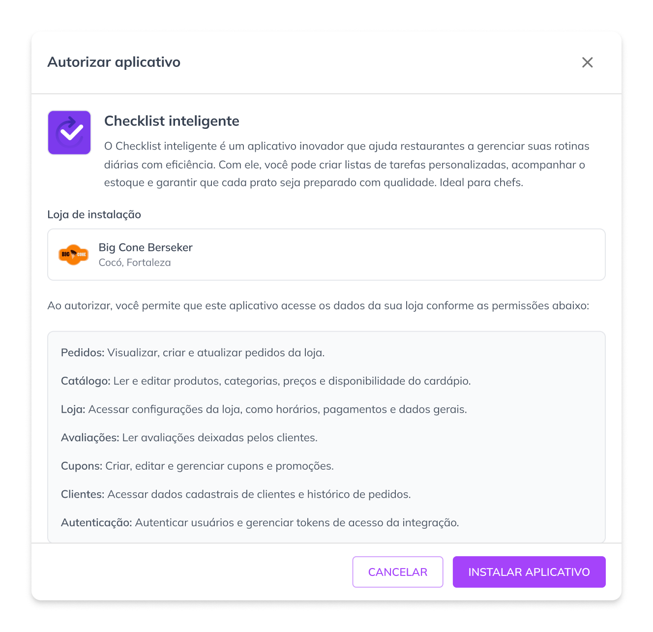 Tela de consentimento com loja de instalação e permissões solicitadas pelo
app