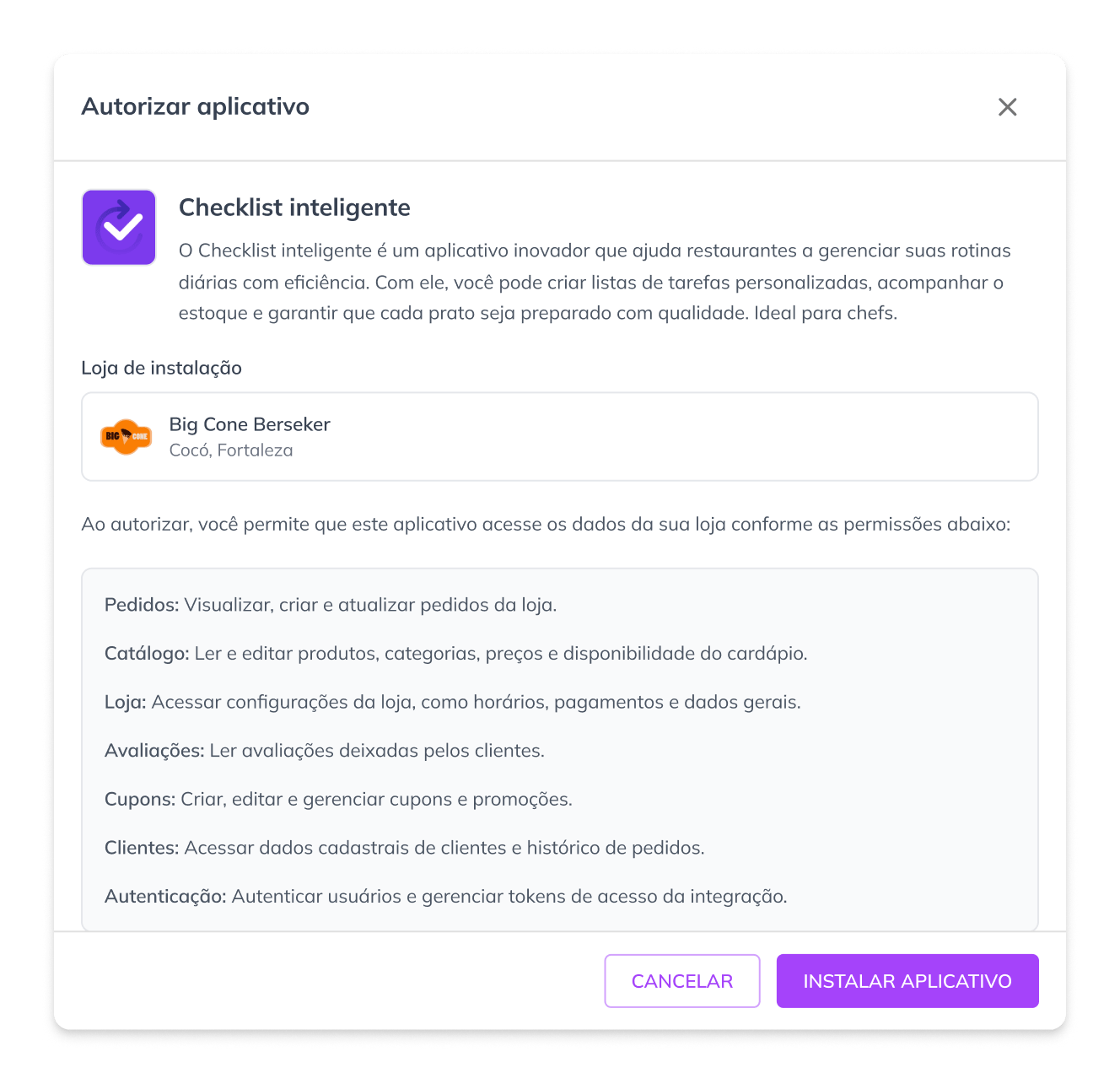 Tela de consentimento com loja de instalação e permissões solicitadas pelo
app