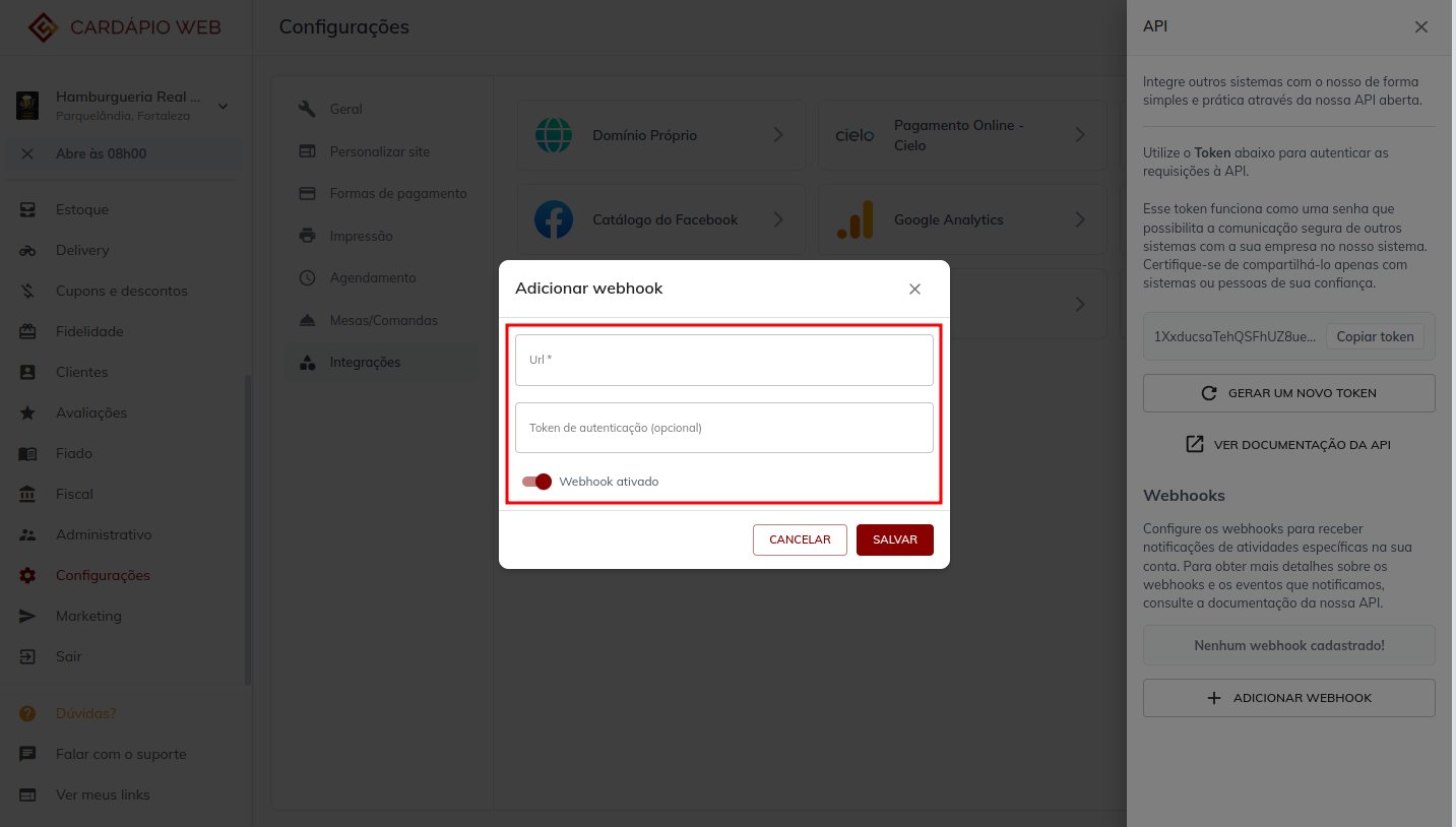Cadastro de webhook no Portal — passo 2