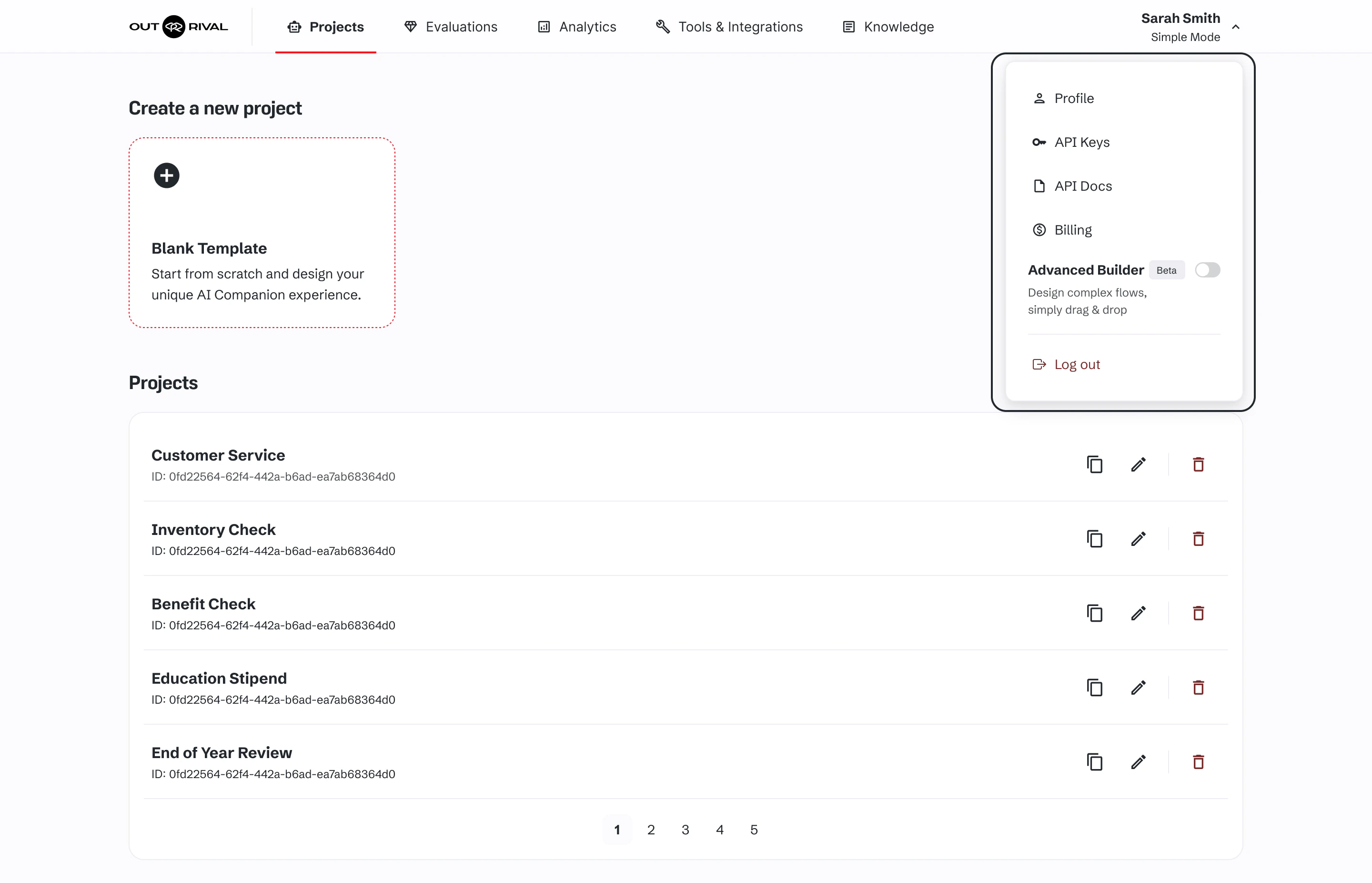 Dashboard with dropdown