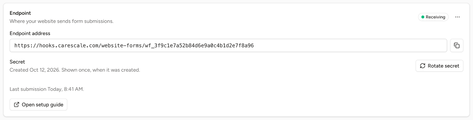 The Website forms settings card showing the endpoint address, the secret row and the Open setup guide link.