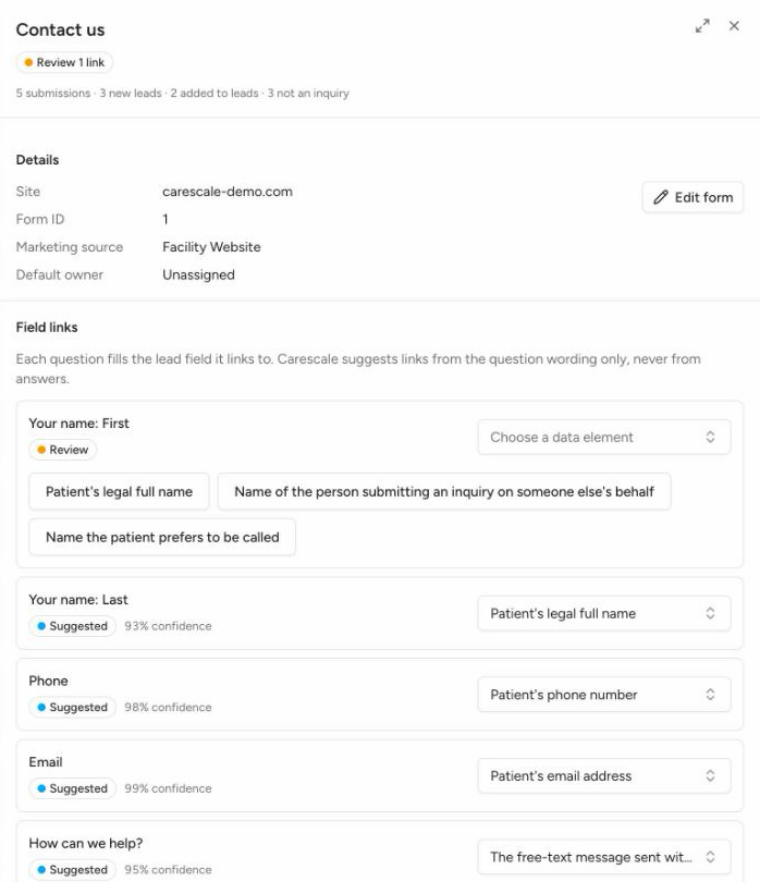 The form sheet in Carescale showing each field with a Suggested or Review link.