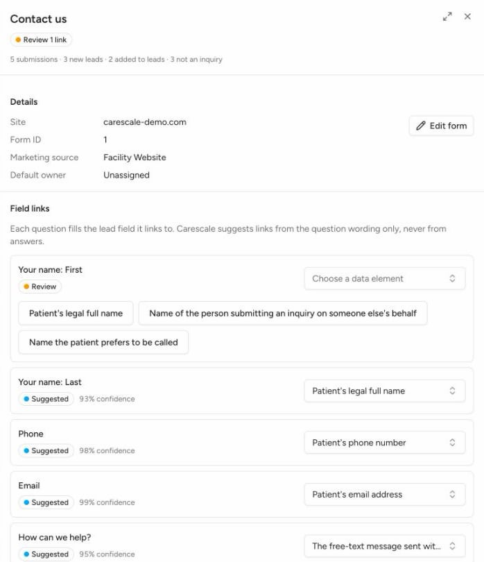 The form sheet in Carescale showing each field with a Suggested or Review link.