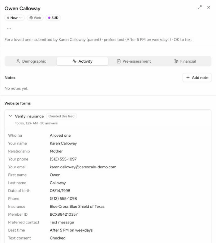 A lead's Activity tab showing the Website forms section with the Verify insurance submission and its answers.