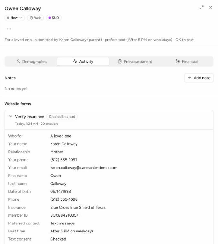 A lead's Activity tab showing the Website forms section with the Verify insurance submission and its answers.