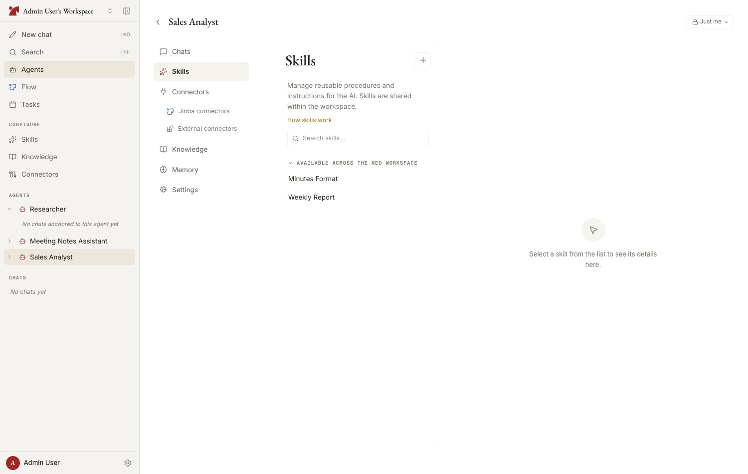 Skills tab on the agent detail page