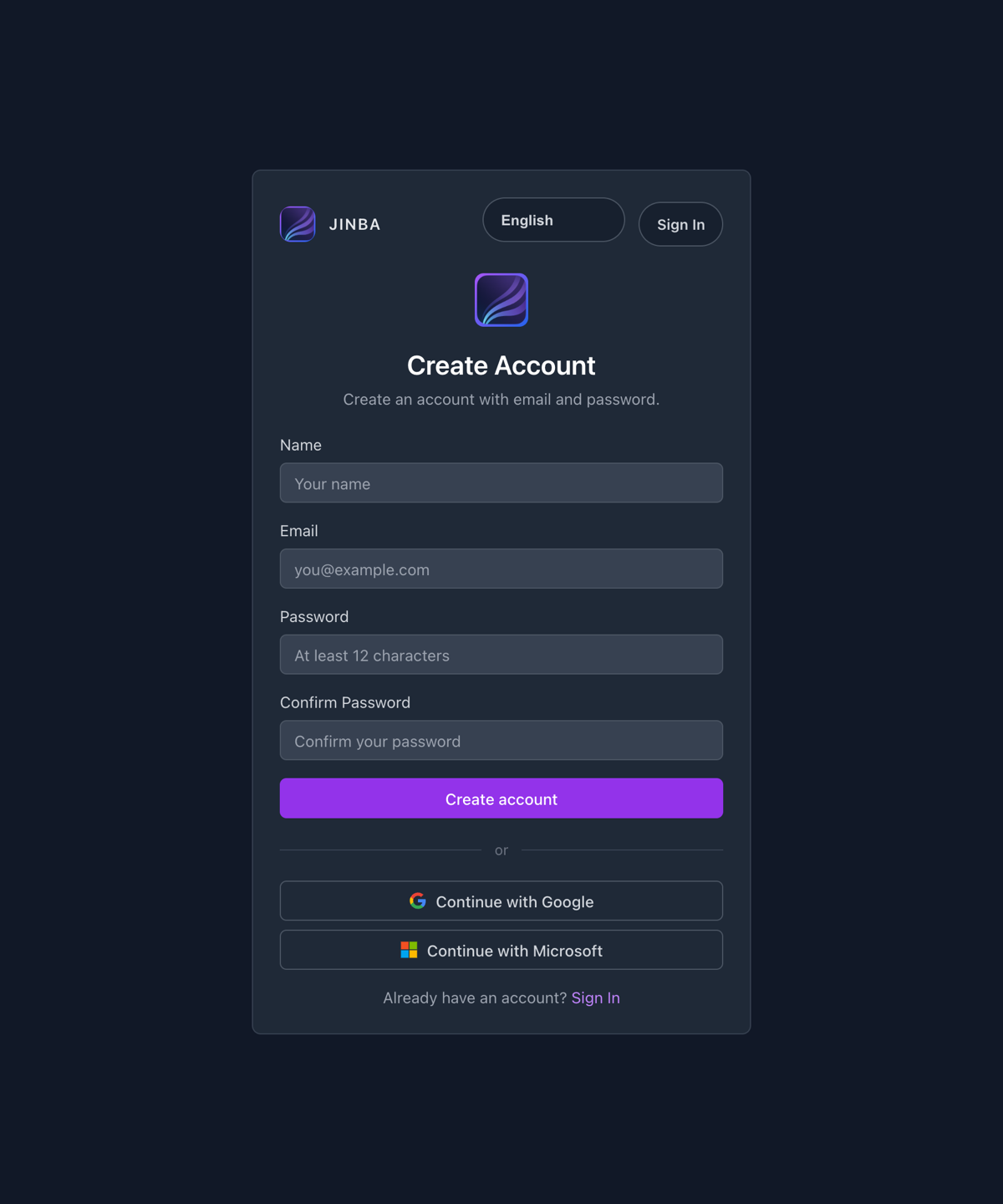JinbaAuth Create Account screen