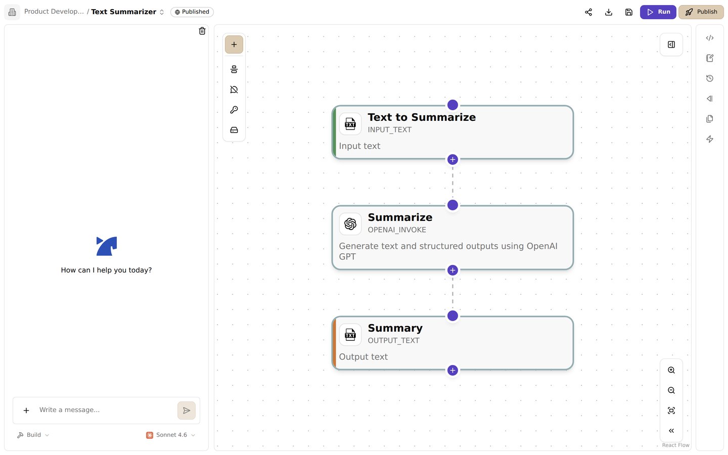 The flow editor. Edit steps visually on the canvas, and ask the AI copilot for changes in the left chat panel