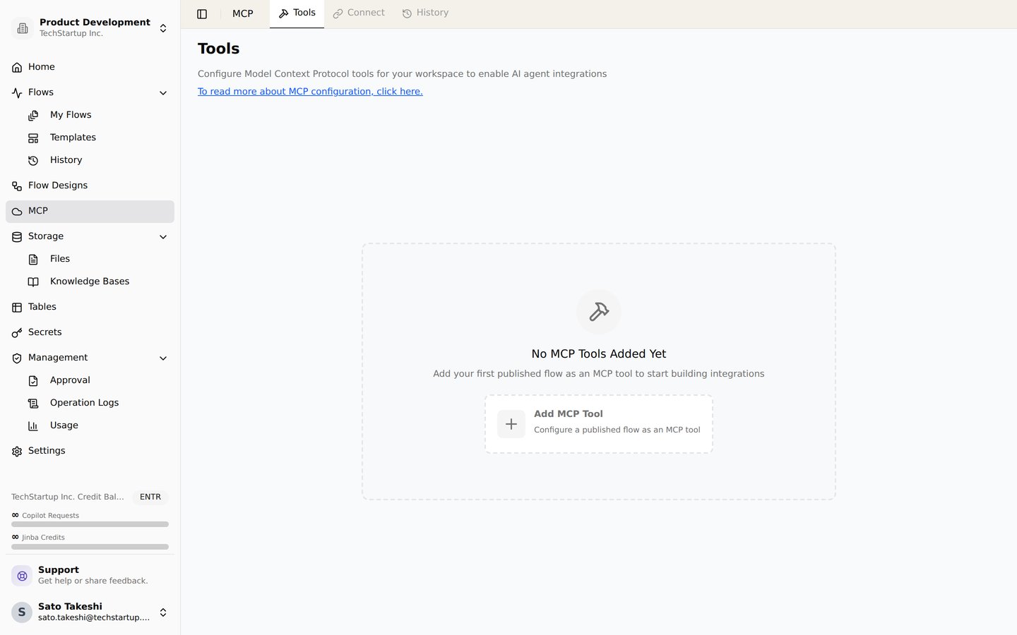 The MCP page. Add published flows in the workspace as MCP tools