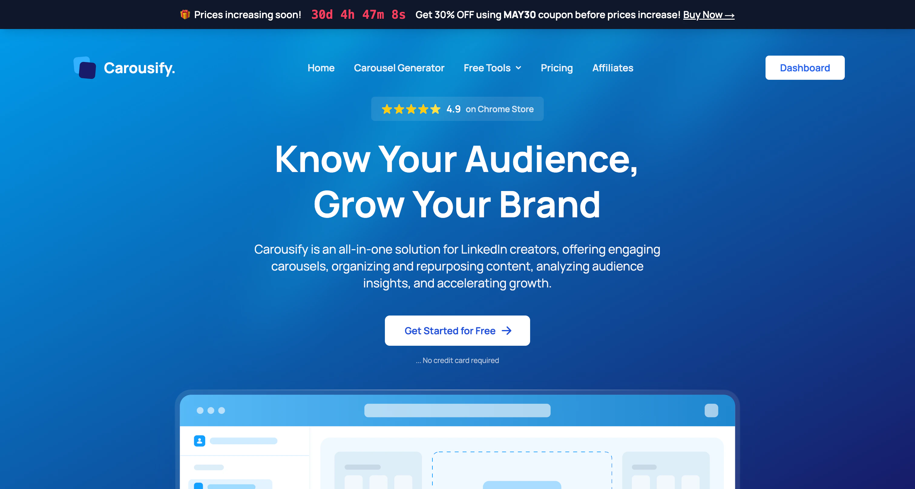 Carousify website header showing the headline 'Know Your Audience, Grow Your Brand' and a dashboard preview