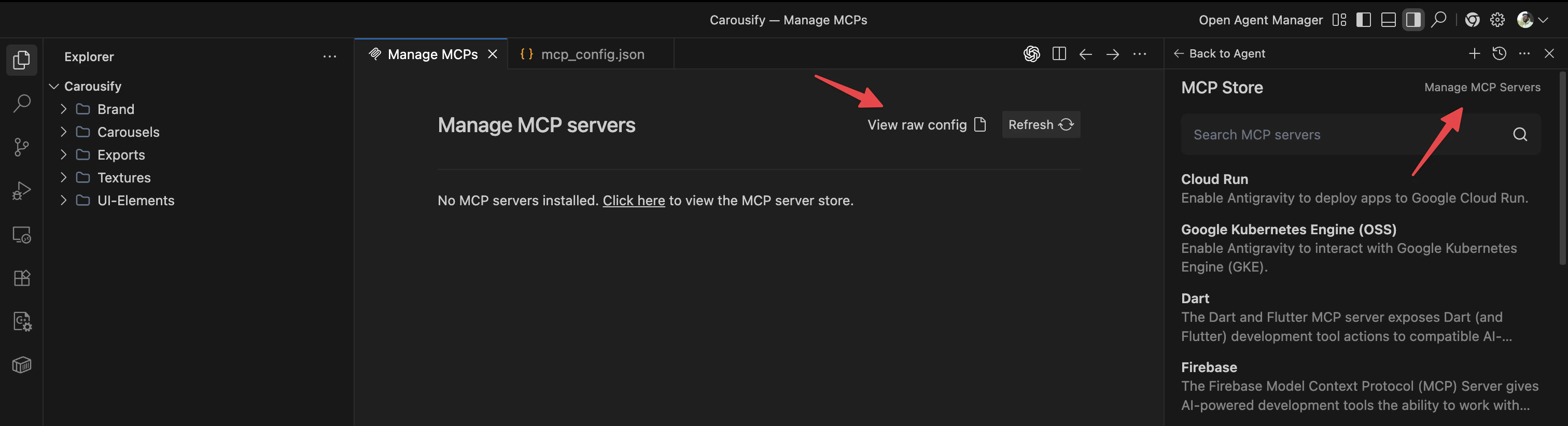 Antigravity Manage MCPs tab with View raw config and the MCP Store panel on the right