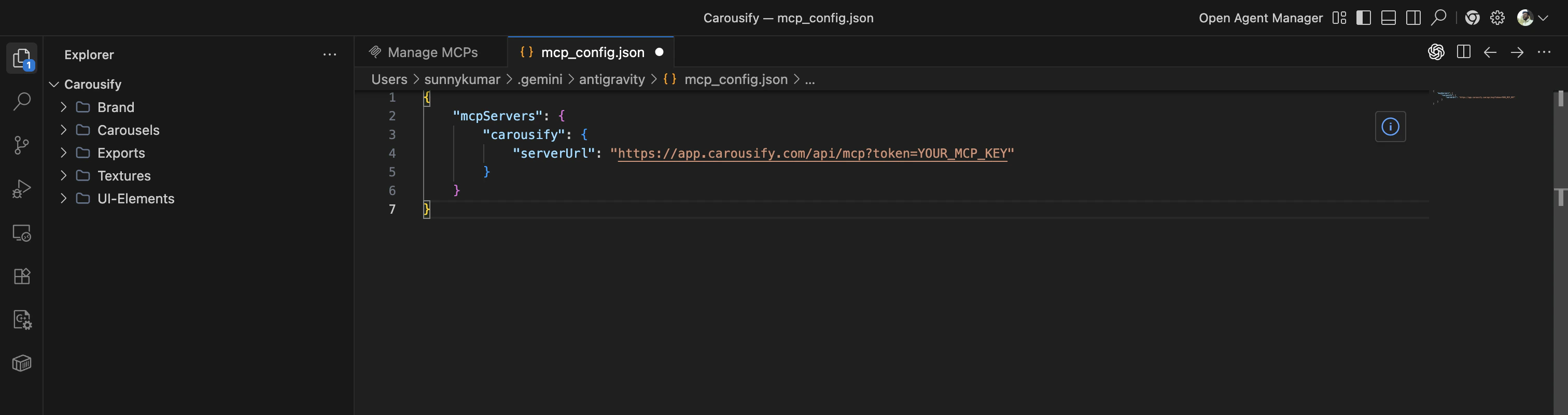 mcp_config.json open in Antigravity with the carousify entry pointing at app.carousify.com/api/mcp