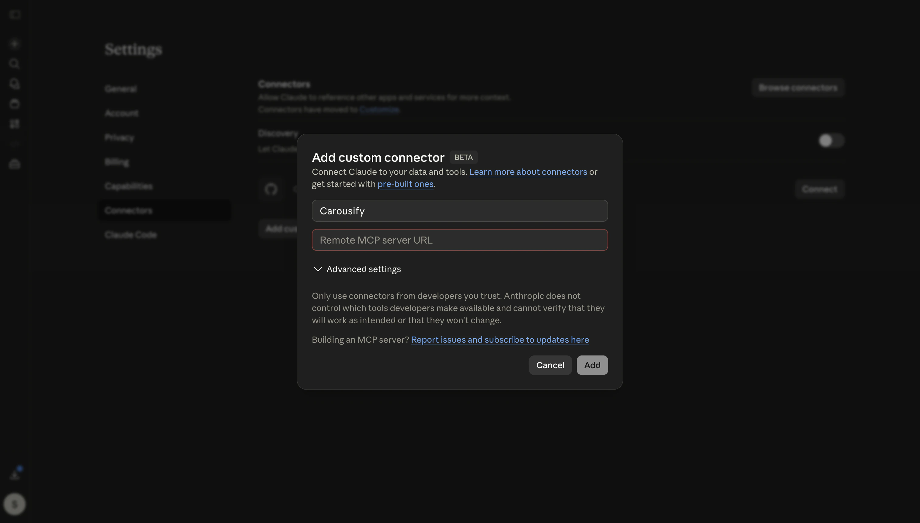 Claude Add custom connector dialog with the name set to Carousify and an empty Remote MCP server URL field