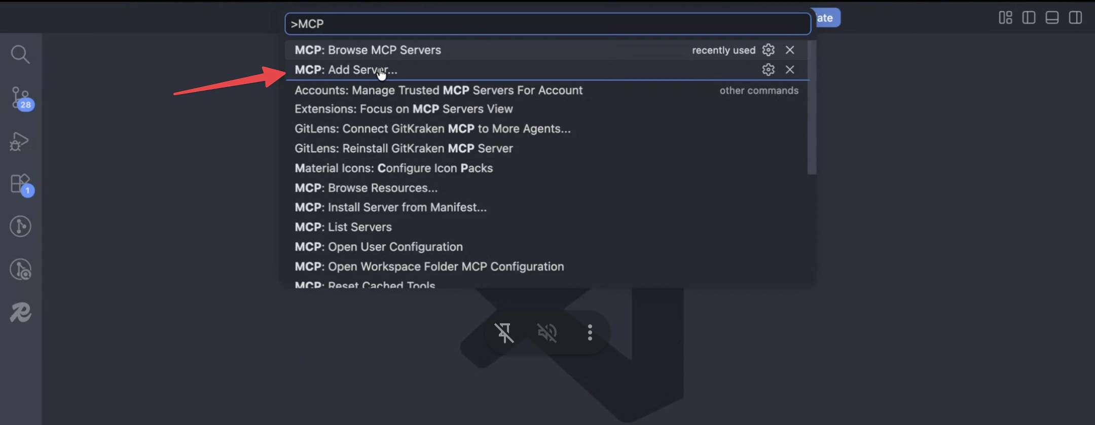 VS Code Command Palette filtered to MCP commands with MCP: Add Server highlighted