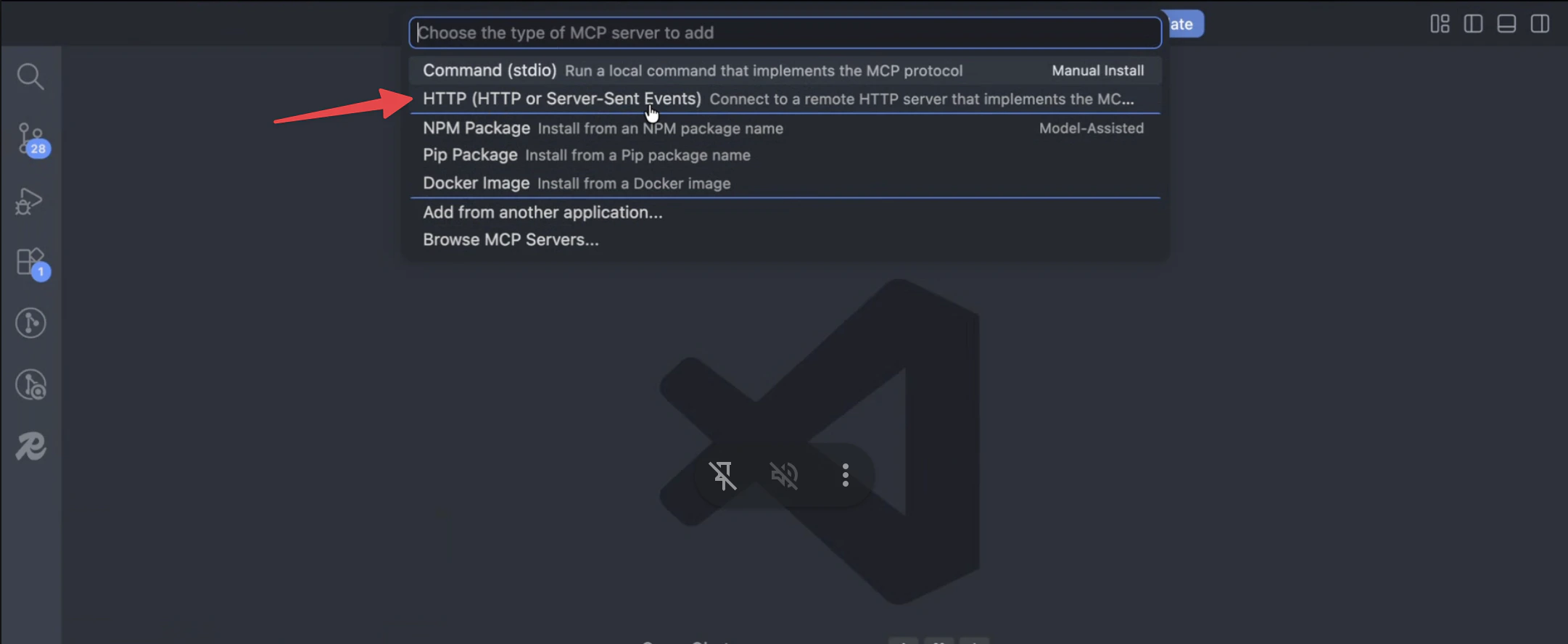 VS Code MCP server type picker with HTTP (HTTP or Server-Sent Events) highlighted