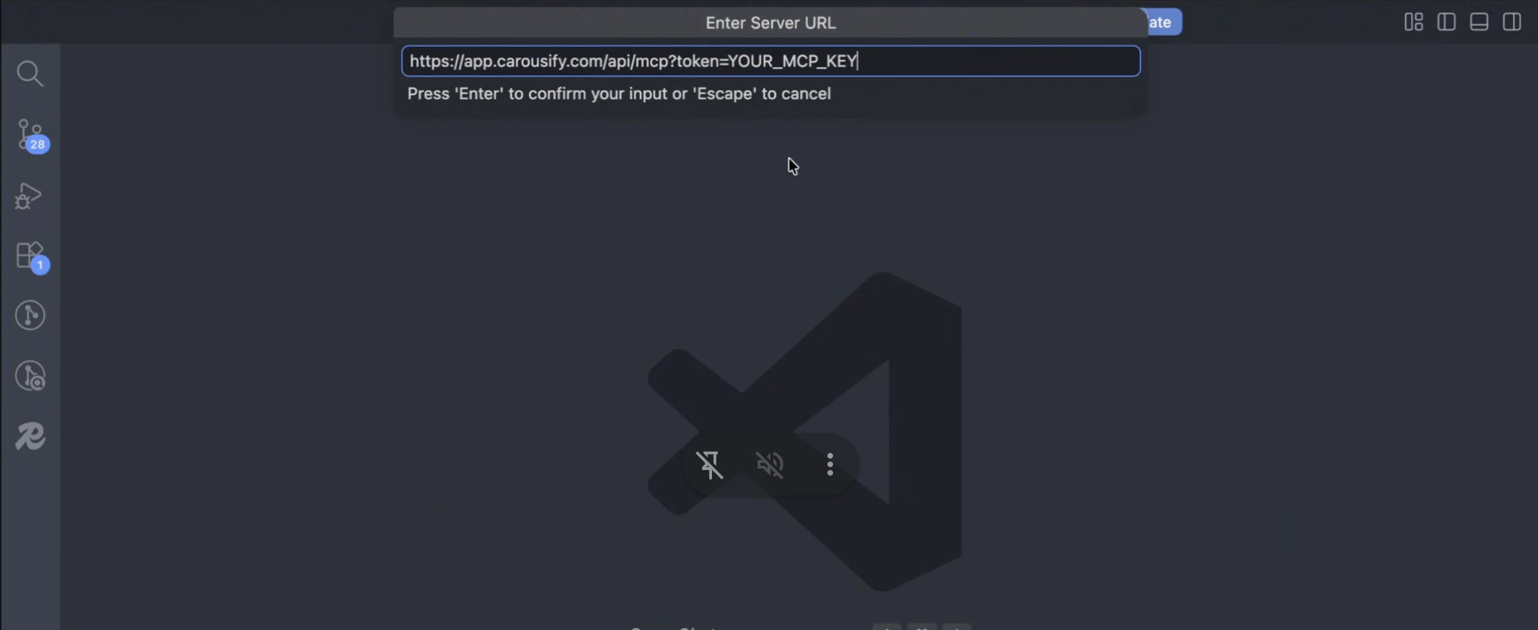 VS Code Enter Server URL prompt with the Carousify MCP URL pasted in