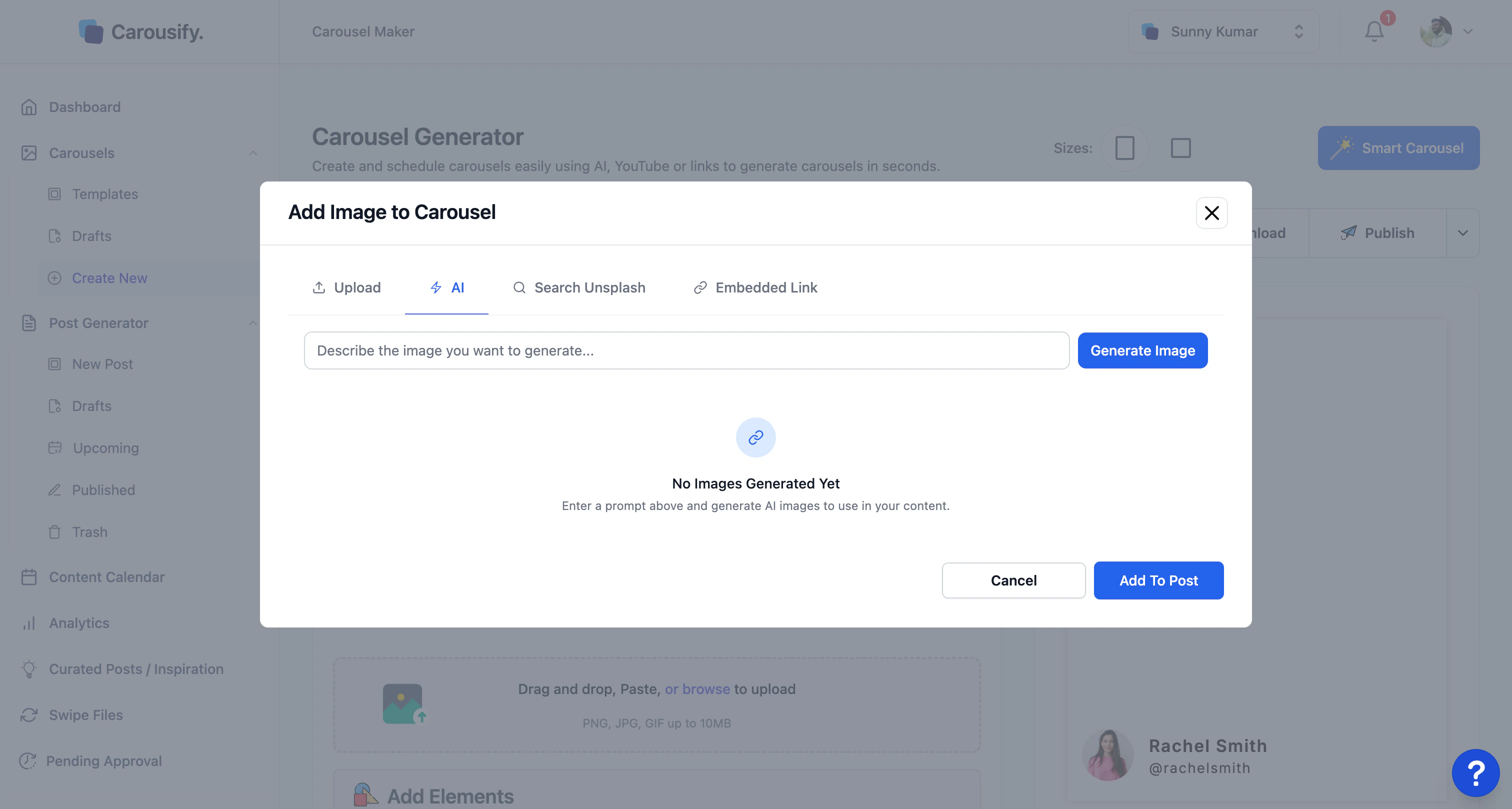 Add Image modal with the AI tab selected — a prompt input, a Generate Image button, and an empty 'No Images Generated Yet' state