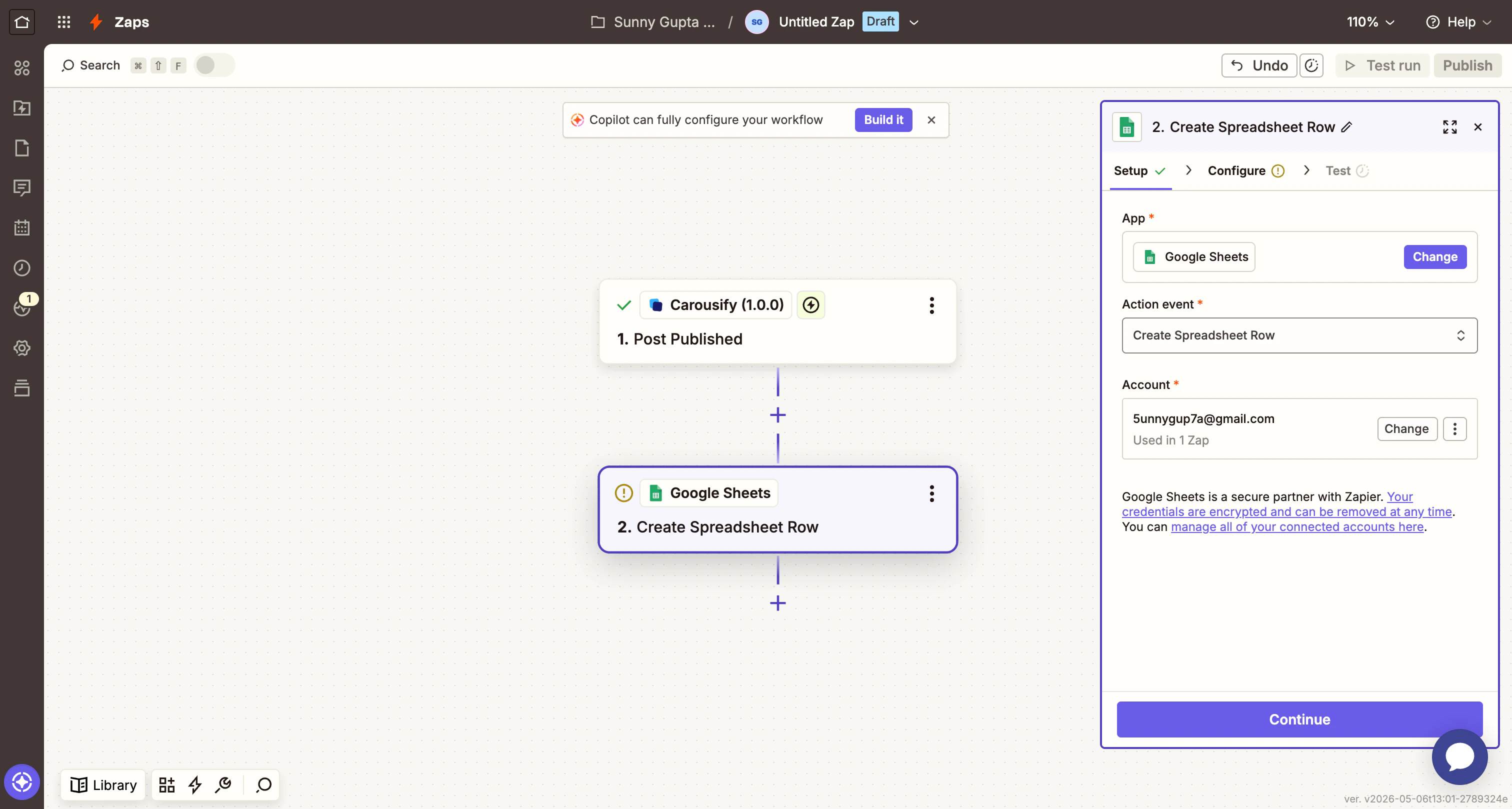 Zapier action with Google Sheets and Create Spreadsheet Row selected