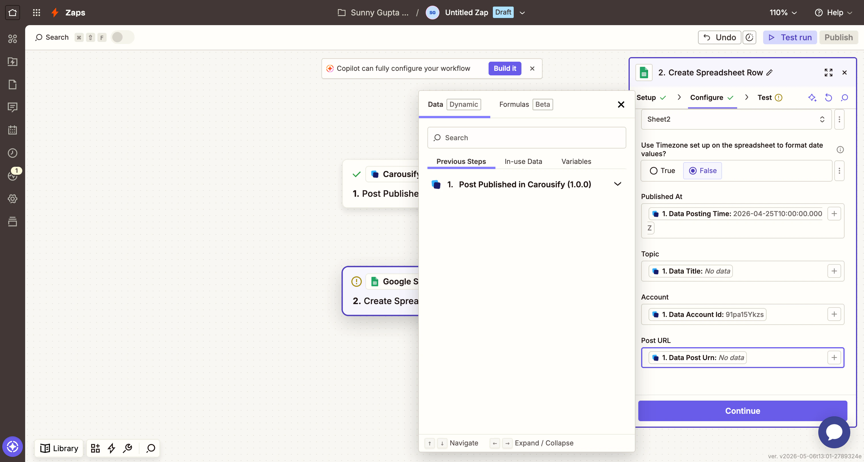 Zapier action fields mapped to Carousify trigger fields