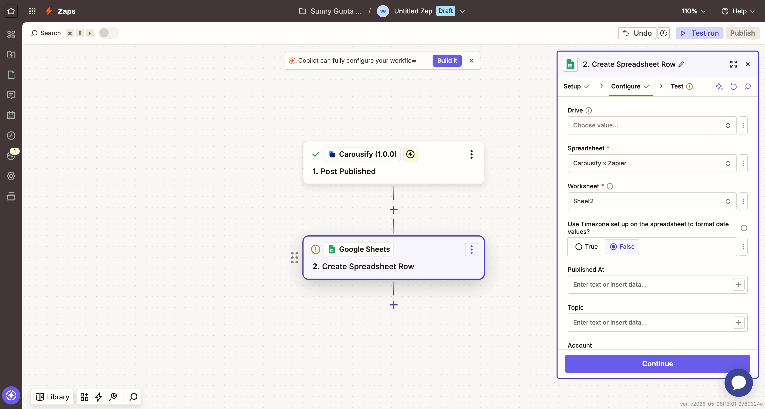 Zapier Configure tab showing Spreadsheet and Worksheet pickers