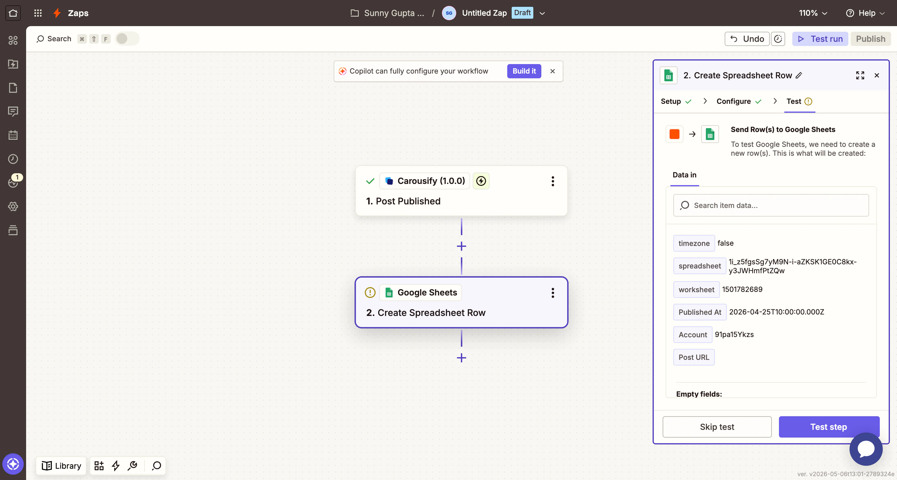 Zapier preview of the data that will be written to Google Sheets
