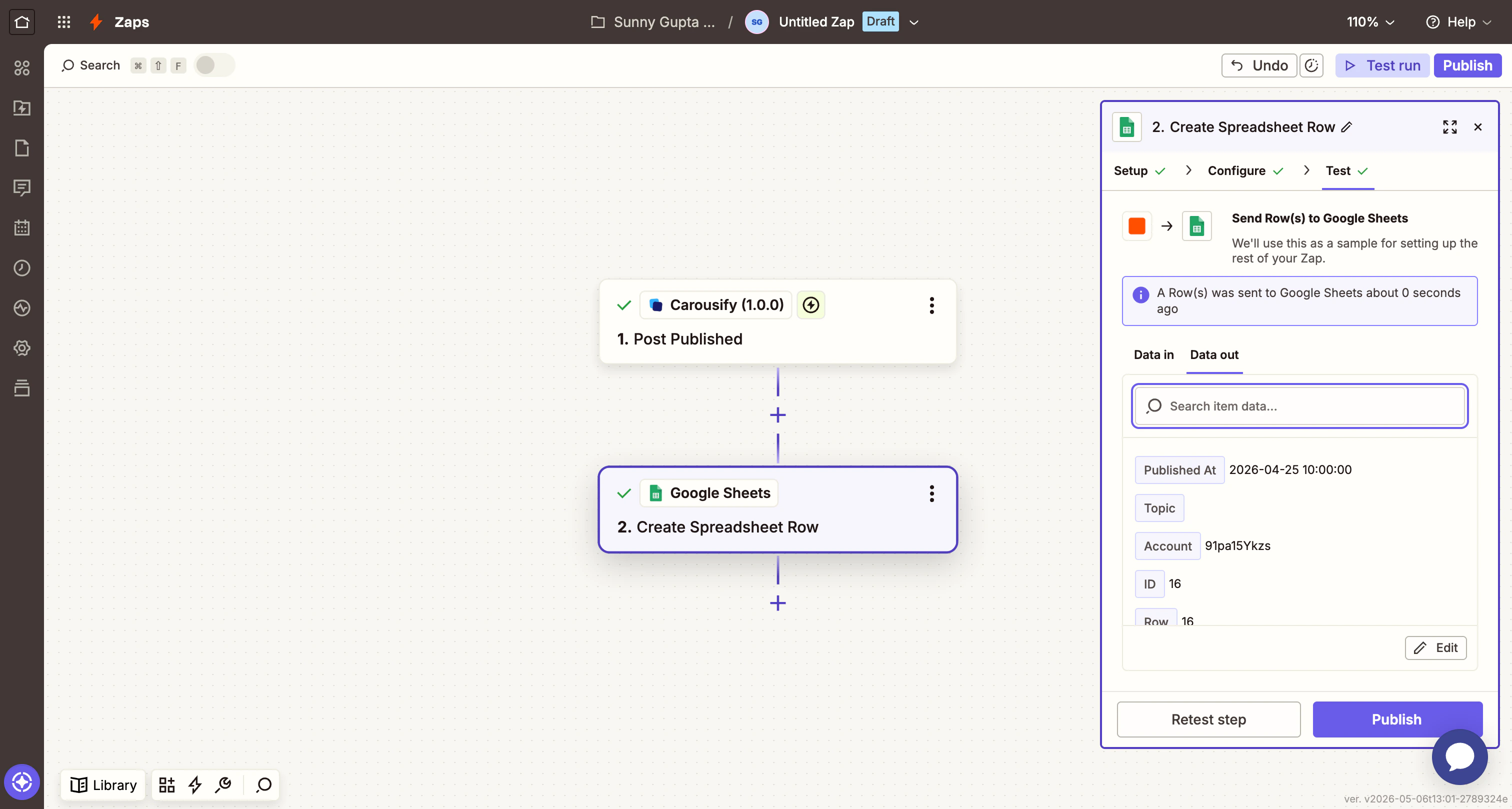 Zapier test step success showing a row was sent to Google Sheets