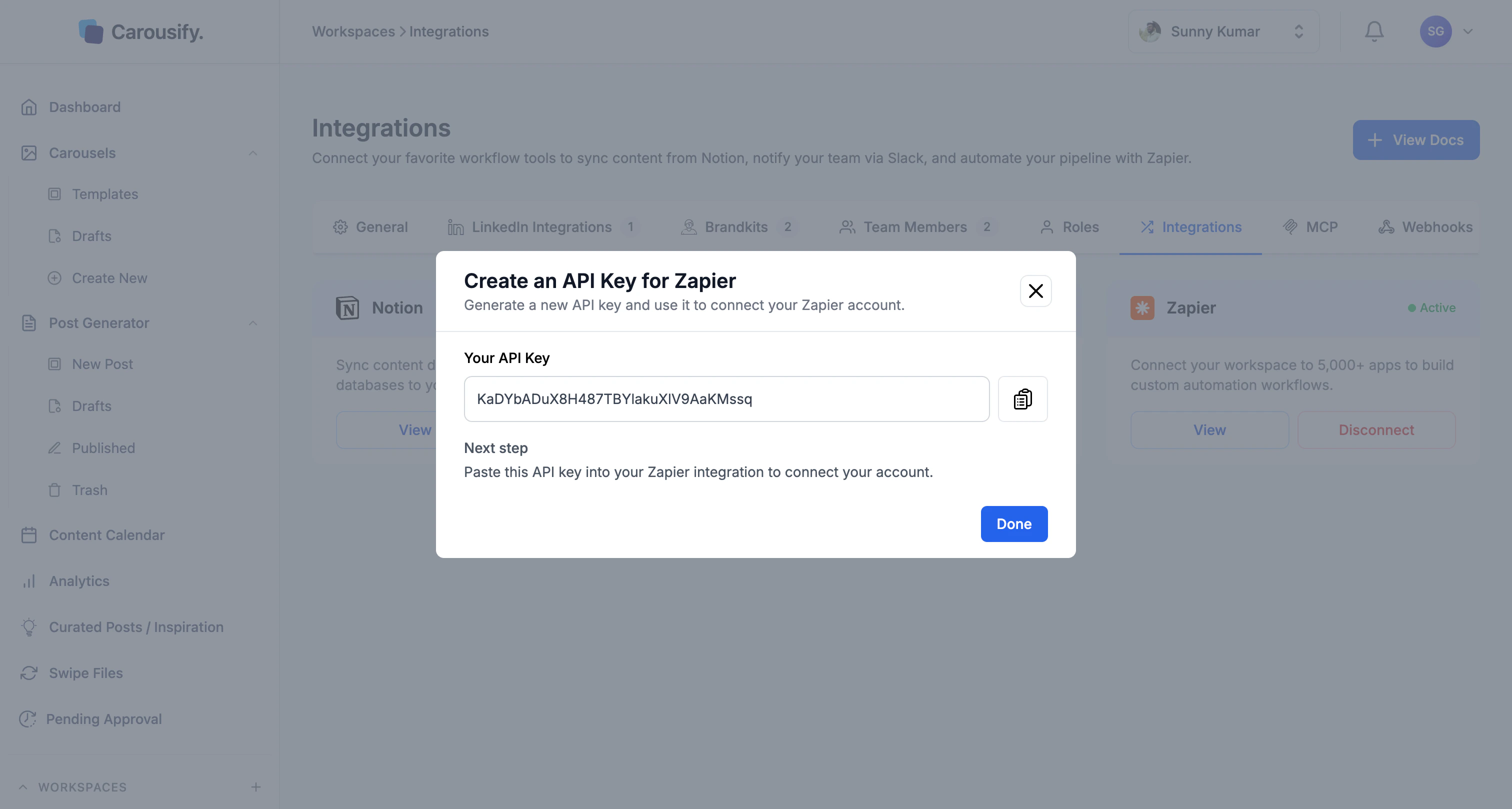 Generated Carousify API key with copy and Done buttons