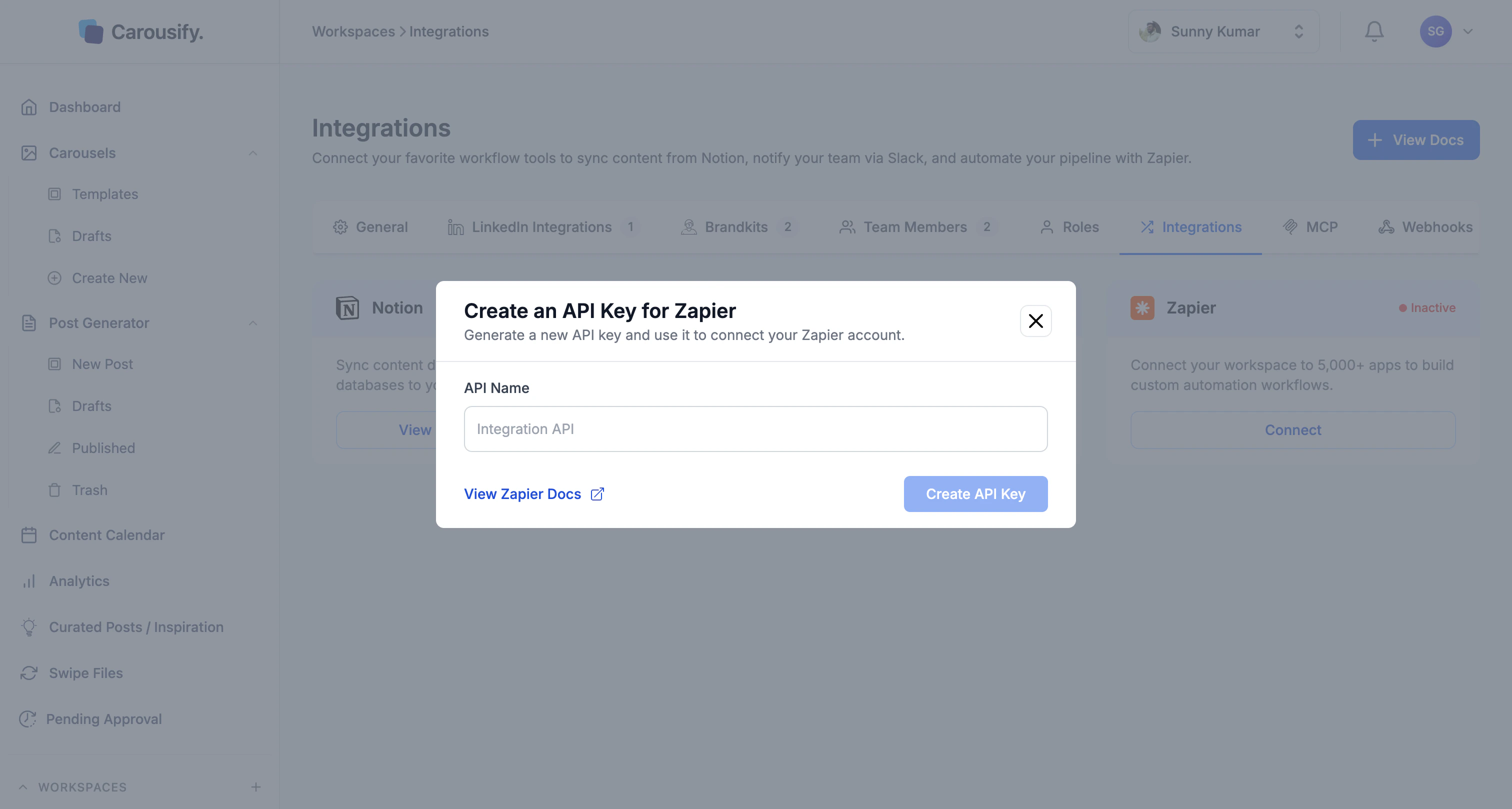 Carousify Create an API Key for Zapier modal