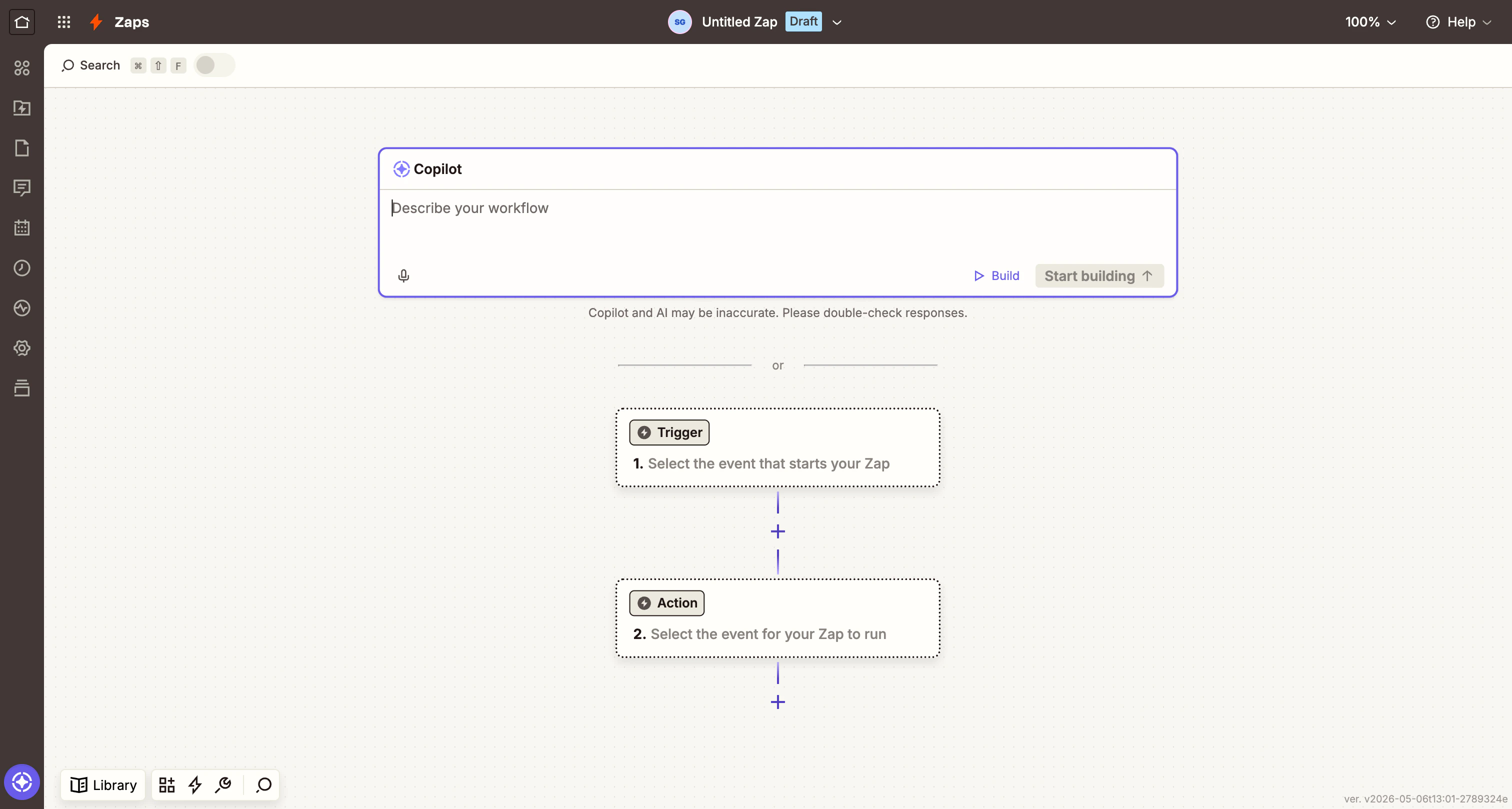 Zapier editor with empty trigger and action steps