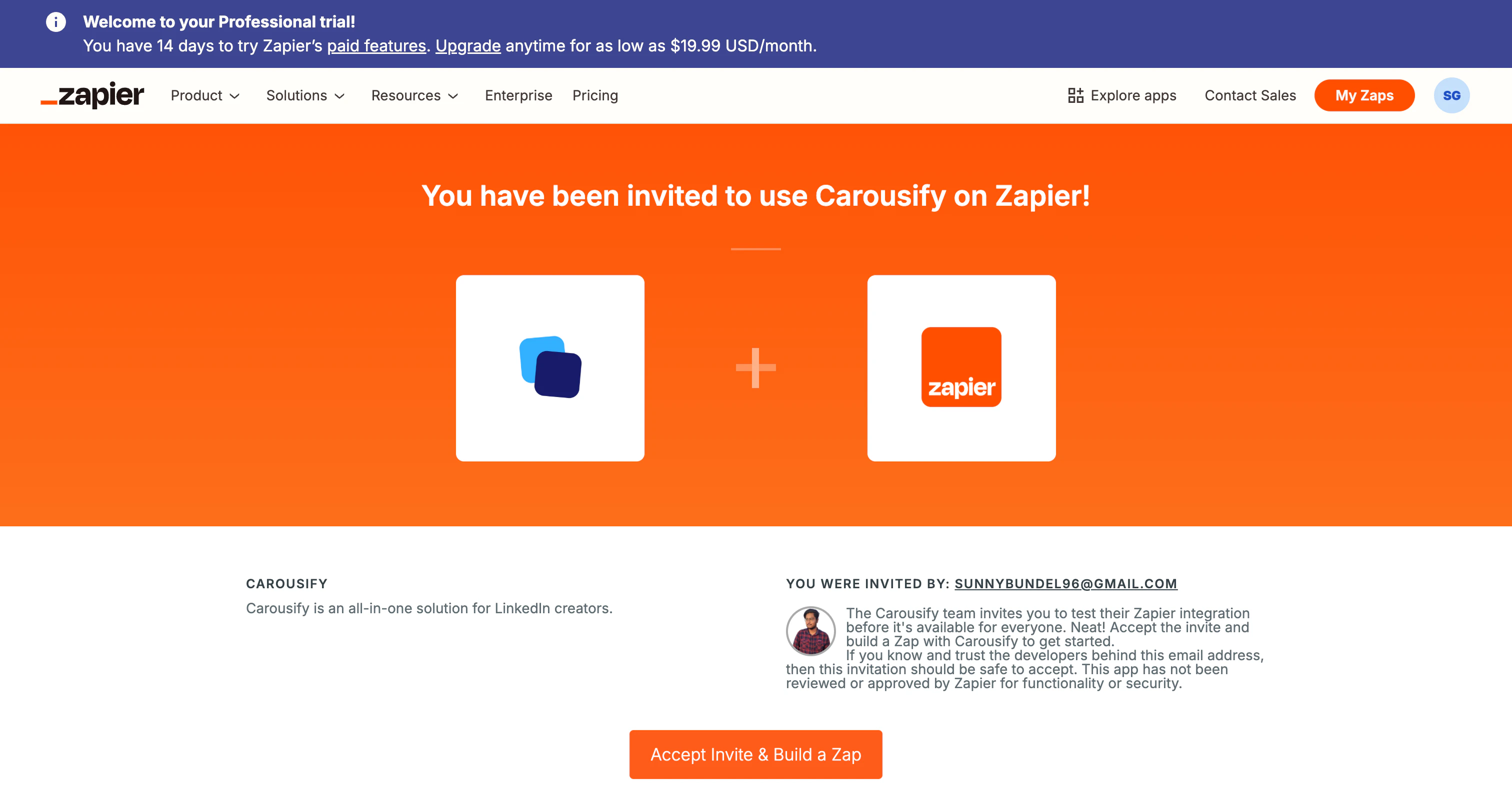 Zapier 'You've been invited to use Carousify' page with Accept Invite button