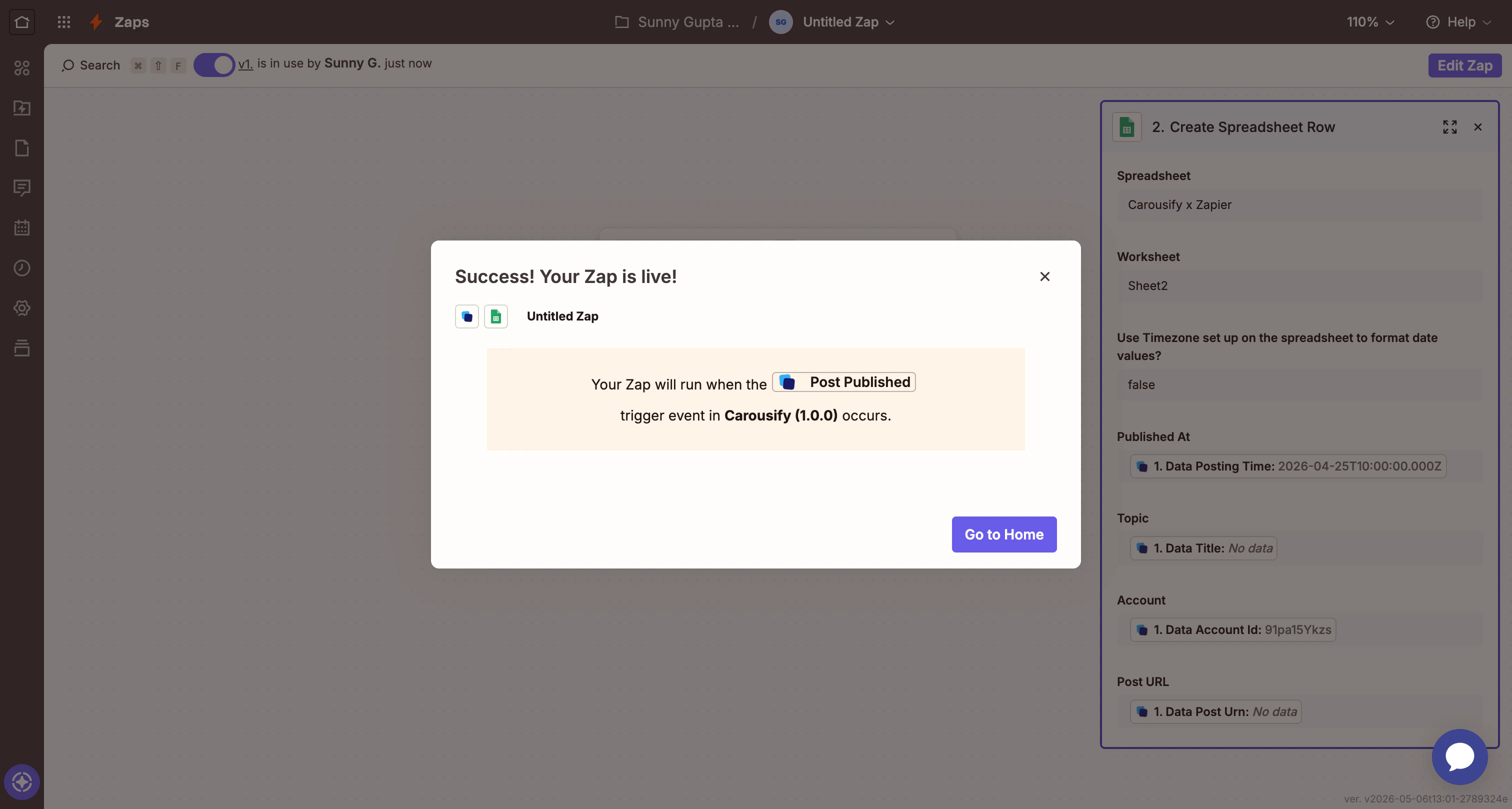 Zapier confirmation that the Zap is live