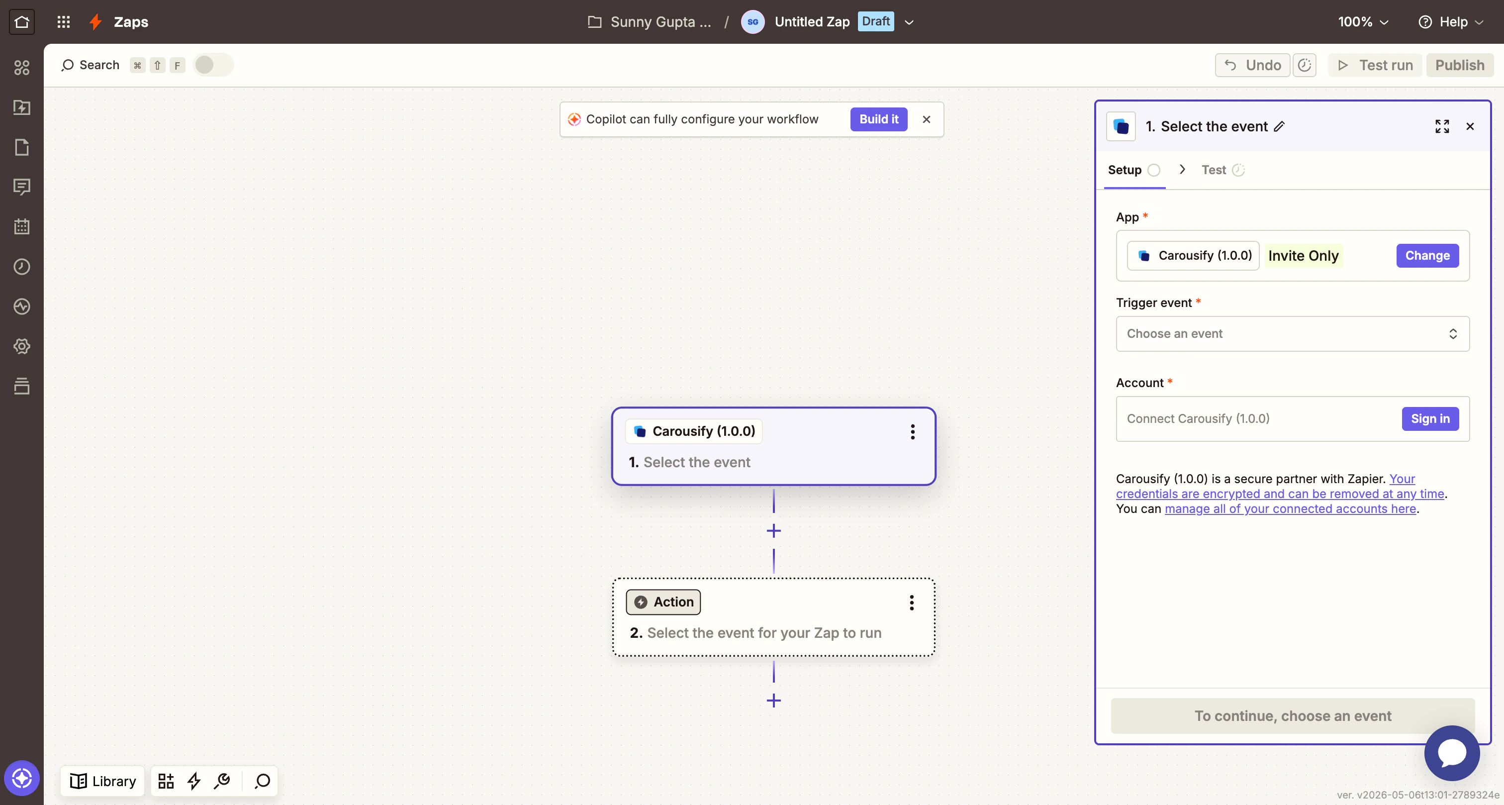 Zapier trigger panel with Carousify selected as the app